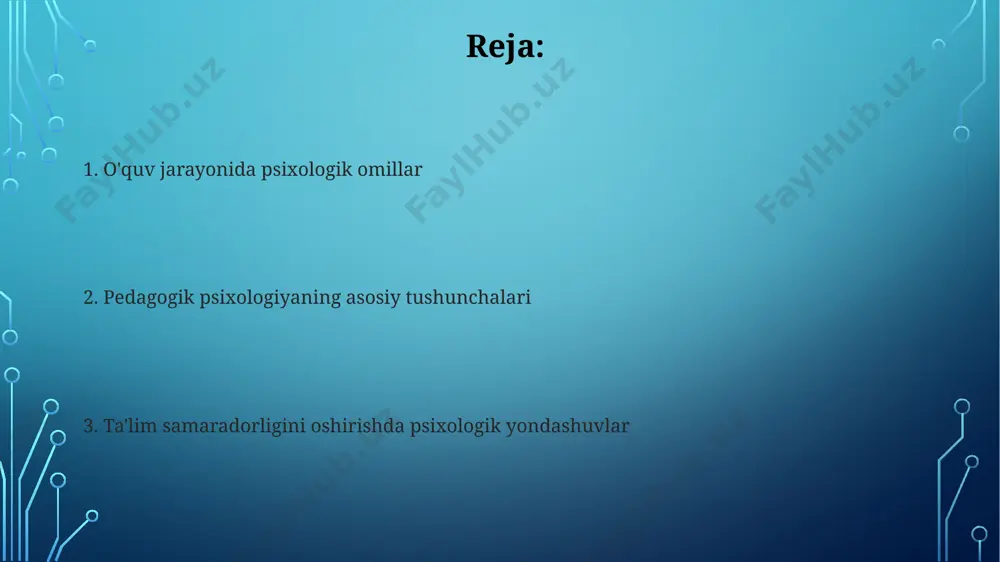 ganish jarayonida neyronlar orasidagi sinaptik bog'lanishlar soni 1000 milliarddan oshadi, bu esa yangi bilimlarni o'zlashtirish va xotirani mustahkamlashga yordam beradi. xotira va uning turlari qisqa muddatli xotira taxminan 7 ± 2 birlik ma'lumotni taxminan 20 soniya davomida saqlashi mumkin, bu esa repetitsiya orqali uzoq muddatli xotiraga o'tkazilishi mumkin. xotira 3 asosiy turga bo'linadi: sensorli, qisqa muddatli va uzoq muddatli xotira, ularning har biri ma'lumotni saqlash va qayta ishlash muddati va hajmi bilan farq qiladi. shaxsiyatning rivojlanishi shaxsiyat rivojlanishining 5 bosqichiga boʻlinishi, erikson nazariyasiga koʻra, har bir bosqich muayyan psixososial vazifalarni oʻz ichiga oladi va muvaffaqiyatsizlik 8 yoshgacha bo'lgan bolalarda salbiy ta'sir ko'rsatishi mumkin. ijtimoiy-madaniy omillar, masalan, oila, maktab va tengdoshlar guruhi, shaxsning rivojlanishiga sezilarli darajada ta'sir qiladi, 70% dan ortiq shaxsiyat xususiyatlari atrof-muhit ta'sirida shakllanadi. diqqat va idrok idrokning selectivligi (tanlash xususiyati) sezgirlik chegarasidan yuqori bo'lgan 5-10% ma'lumotlarni qayta ishlashga yo'naltirilgan. diqqatning hajmi odatda 7 ± 2 birlik atrofida bo'lib, …