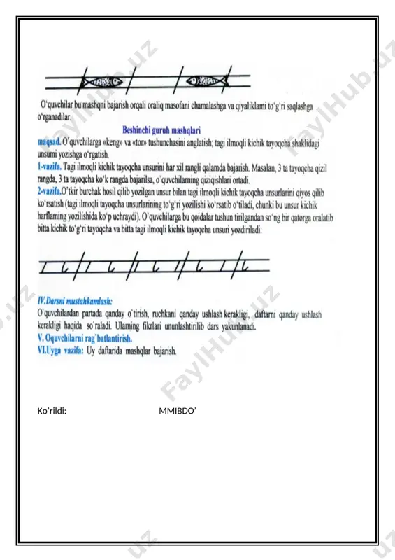 vnoq daqiqa. bosh o va n harfini yozish. bosh o harfi shakliga (uning kichik o harfiga o'xshashligiga) izoh berilgach, o'qituvchi daftardagi yozuv yo'lida bosh o va n harfini qanday joylashishini sinf xattaxtasiga yozib ko'rsatadi. iv.o`quvchilar havoda mashq qiladilar, bir necha o`quvchi xattaxtada mashq qiladilar.yozishni o`rganib olgach daftarlariga yozadilar.yozish vaqtida o`tirish, chiroyli yozish, ruchka ushlash qoidalari esga olinadi.parta oralab yurib qiynalayotgan o`quvchilarga yordamlashib turiladi. v.darsda faol ishtirok etgan o`quvchilarni baholayman. yozib bo`lgan o`quvchilarning ishlarini o`quvchilar bilan birgalikda ko`rib tahlil qilish ,kamchiliklarini ko`rstib tuzatishlarini aytish. vi.uyda: o o va nn harfini yozib kelish ko’rdim:mmibdo’: ______________________ sana: mavzu: kichik a va bosh a va harflarini yozish maqsad: ta’limiy: o`quvchilarni aava ii harflarini yozishga o`rgatish. tarbiyaviy:kattalarga hurmatda ,kichiklarga izzatda bo`lish ruhida tarbiyalash. rivojlantiruvchi:yozuv ko`nikmalarini rivojlantirish. axborotlar bilan ishlash kompetensiyasi:televizordan ko‘rgan, radiodan eshitgan lavhalaridan ma’lumotlarni tushunib aytib bera oladi. o‘zinio‘zi rivojlantirish kompetensiyasi: kun tartibiga rioya qiladi; kattalarni hurmat qiladi; ijtimoiy faol fuqarolik kompetensiyasi: maktabda, oilada …