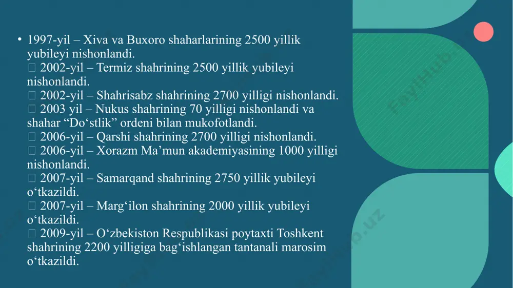 tanalar kunlarida keng miqyosda nishonlash hamda yurtdoshlarimiz, xususan, yosh avlodni milliy g‘urur va iftixor, vatanga muhabbat va sadoqat ruhida tarbiyalash maqsadida: yunesko bosh konferensiyasining 2005-yil 20-oktabrdagi 33-sessiyasida samarqand shahrining 2750 yilligini nishonlash va unda yuneskoning ishtirok etishi haqidagi qarori ma’lumot uchun qabul qilinsin. o‘zbekiston respublikasi fanlar akademiyasi, madaniyat va sport ishlari vazirligi, respublika “ma’naviyat va ma’rifat” markazi, samarqand viloyati hokimligi hamda keng jamoatchilikning samarqand shahrining 2750 yilligini nishonlash haqidagi taklifi ma’qullansin. 2. samarqand shahrining 2750 yilligini nishonlashga tayyorgarlik ko‘rish va uni o‘tkazish bo‘yicha respublika tashkiliy qo‘mitasi tarkibi, tadbirlar dasturi 1 va 2-ilovaga* muvofiq tasdiqlansin. * 1-2-ilovalar berilmaydi. 3. o‘zbekiston respublikasi madaniyat va sport ishlari vazirligi samarqand viloyati hokimligi, boshqa manfaatdor vazirlik va idoralar bilan birgalikda 2006-2007-yillarda samarqand shahridagi tarixiy obidalarni ta’mirlash, ijtimoiy hamda kommunal sohasida xizmat ko‘rsatishni rivojlantirish va obodonlashtirishga doir tadbirlar dasturini 3-ilovaga* muvofiq amalga oshirsin. * 3-ilova berilmaydi. 4. o‘zbekiston fanlar akademiyasi, samarqand davlat universiteti, madaniyat va sport …