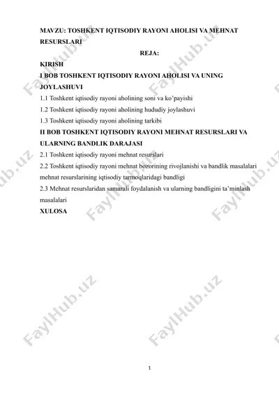 toshkent iqtisodiy rayoni aholisi va mehnat resurslari — DOCX