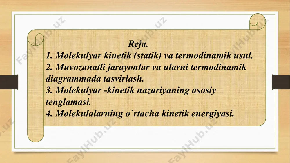 `paytmasi o`zgarmas kattalikdir, ya’ni • т=const, m= const bo`lsa pv= const bo`ladi. izobarik jarayon. gey-lyussak qonuni. • izobarik jarayon bu bosim o`zgarmasdan termodinamik tizimning xolatini o`zgarish jarayonidir. • gey-lyussak qonuni -o`zgarmas massali gasning o`zgarmas bosimdagi xajmining haroratga nisbati o`zgarmas kattalikdir, • m= const, p= const bo`lsa v= v0(l+ t) izoxorik jarayon. sharl qonuni. • izoxorik jarayon bu xajm o`zgarmasdan termodinamik tizimning xolatini o`zgarish jarayonidir. •sharl qonuni -o`zgarmas massali gasning o`zgarmas xajmdagi bosimining haroratga nisbati o`zgarmas kattalikdir. m= const, v= const bo`lsa p= p0(l+ t) ideai gaz holatining tenglamasi gaz holatini aniqlovchi parametrlar orasidagi bog`lanishni ifadolovchi tenglamaga holat tenglamasi deyiladi. 3.molekulyar-kinetik nazariyaning asosiy tenglamasi. • ideal gaz quyidagi shartlarga bo`ysunadi: 1. gaz elastik sharlarga o`xshagan va tartibsiz harakatlanuvchi molekulalardan iborat. 2. molekulalar orasidagi kuchlar faqat ular bir-biriga urilgandagina ta’sir qiladi. 3. molekulalarning o`lchamlari molekulalar orasidagi o`rtacha masofaga nisbatan nazarga olmasa bo`ladigan darajada kichik. e’tiboringiz uchun tashakkur! image5.png image6.png image7.jpeg image8.png image9.png …