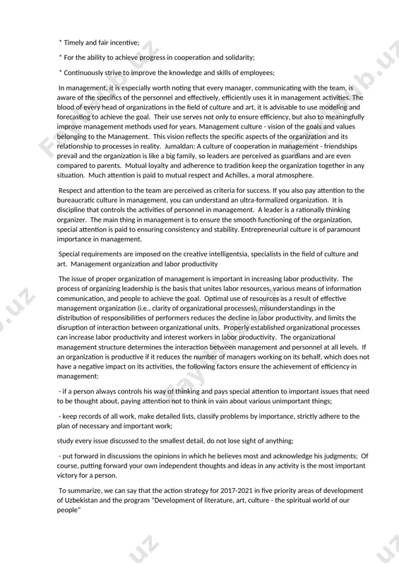 components are listed. in management practice, the following motivation techniques are used to enhance the employee’s work activity based on labor results: * financial assistance, recreation, health improvement, travel; * warnings, calls to order; * a sense of pride in the interests of the organization; * increased motivation by being a role model; recognition of the organization's performance results; * timely and fair incentive; * for the ability to achieve progress in cooperation and solidarity; * continuously strive to improve the knowledge and skills of employees; in management, it is especially worth noting that every manager, communicating with the team, is aware of the specifics of the personnel and effectively, efficiently uses it in management activities. the blood of every head of organizations in the field of culture and art, it is advisable to use modeling and forecasting to achieve the goal. their use serves not only to ensure efficiency, …
