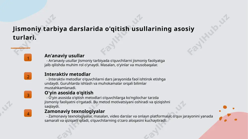 n'anaviy o'yinlar va raqslar orqali jismoniy tarbiya darslarini qiziqarli qilish. 3 mahalliy resurslar - jismoniy tarbiya darslarida mahalliy resurslardan, masalan, o'zbek xalq o'yinlaridan foydalanish, o'quvchilarga o'z madaniyatini chuqurroq anglash imkonini beradi. 4 samaradorlikni oshirish - o'zbek madaniyatiga mos strategiyalar o'quvchilarning jismoniy va ruhiy rivojlanishini yaxshilaydi, natijada darslar samaradorligi ortadi va ularning ishtiroki kuchayadi. o'zbek madaniyatidagi an'anaviy tarbiyalash usullari va ularning jismoniy tarbiya uchun ahamiyati. 1 o'zbek an'analari - o'zbek madaniyatidagi an'anaviy tarbiyalash usullari, avvalo, xalqning qadimiy urf-odatlari va an'analaridan kelib chiqadi, bu esa jismoniy tarbiyada muhim ahamiyatga ega. 2 jismoniy faoliyat - an'anaviy usullar jismoniy faoliyatni rivojlantirishga qaratilgan. masalan, milliy sport turlari, to'ylardagi raqslar va musobaqalar o'quvchilarning jismoniy qobiliyatlarini oshiradi. 3 tarbiyaviy qiyofalar - o'zbek madaniyatidagi tarbiyaviy qiyofalar, masalan, "beshik quyqasi" va "dasturxon", bolalarni jismoniy tarbiya va axloqiy tarbiya bilan birga rivojlantirishga yordam beradi. jismoniy tarbiyada o'zbek folklorining tarbiyaviy roli va uning ta'siri. folklor va tarbiya o'zbek folklori, milliy an'analar …