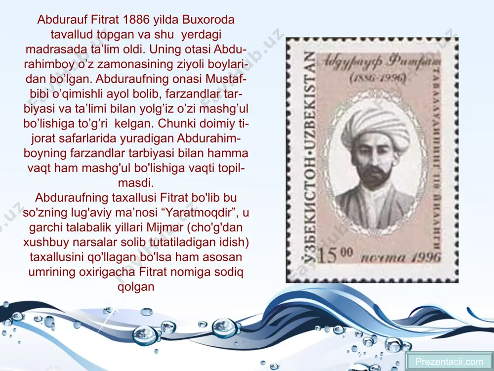 akatlariga kuchli tasirini ko'rsata oldi. siyosatshunos olim sifatida g’arb mustamlakachilarining halokatli siyosati oqibatlarini ko'rsatdi. bizning fikrimizcha a. fitrat bu asarlari bilan turkiston xalqlarini dunyoda sodir bo'layotgan ijtimoiy-iqtisodiy, hamda siyosiy voqealar holatlar bilan tanishtirishga harakat qilgan. ayniqsa uning o'ta qaltis sharoitlarda ham o'z fikr mulohazalarini dadil himoya qilganligi el-yurt, ona vatan uchun sidqidildan qilgan harakatlari uning qanchalik buyuk siymo ekanligini isbotlab turadi. xulosa fitrаt o’zbek аdаbiyoti tаriхidа ko’pqirrаli ijodkor sifаtidа o’chmаs iz qoldirdi. u tаnqid vа аdаbiyotshunoslik, sаn’аtshunoslik vа tаriх, tilshunoslik vа mаtnshunoslik sohаlаridа judа ko’p аsаrlаr yarаtib, o’zbek mаdаniyati хаzinаsini bebаho durdonаlаr bilаn boyitdi. ulаr orаsidа “аdаbiyot qoidаlаri”, “o’zbek klаssik musiqаsi vа uning tаriхi”, “umаr hаyyom”, “o’zbek аdаbiyoti nаmunаlаri” kаbi kitoblаr аlisher nаvoiy, mаshrаb, аhmаd yassаviy, bedil singаri shoirlаr ijodigа oid mаqolаlаri, “qutаdg’u bilig” qo’lyozmаsini topishdek хizmаtlаri diqqаtgа sаzovordir. foydalanilgan adabiyotlar ro`yxati fitrаt аsаrlаri: chin sevish. t., g’аfur g’ulom nomidаgi nаshriyot, 1997 fitrаt ijodi hаqidа: kаrimov n. mаvlono fitrаt. “fidoiylаr” …