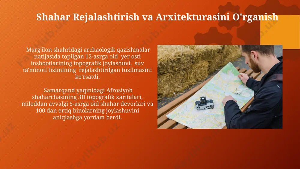 ilmalari va 7 ta minoraning mavjudligi aks ettirilgan. toshkent viloyatining chang’ir tog’larida joylashgan, miloddan avvalgi 2-ming yillikka oid qadimiy qishloqning topografik xaritasida, suv manbalariga yaqinligi va 3 ta asosiy yo'lning kesishish nuqtasida bo'lganligi aniqlangan. e'tiboringiz uchun rahmat @taqdimot_robot image2.png image3.svg image5.png image8.jpg image9.jpg image10.jpg image11.jpg image12.jpg image13.jpg image14.jpg image15.jpg image16.jpg image17.jpg image18.jpg image19.jpg image20.jpg image21.jpg image22.jpg image23.jpg image24.jpg image1.png