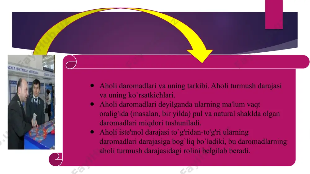 ing daromadlari darajasi o'rtasida tengsizlik mavjudligini bildiradi. shu bilan birga alohida olingan mamlakatlar aholisining turli qatlam va guruhlari o'rtacha daromadlari darajasida ham farq mavjud bo'ladi. mamlakatning iqtisodiy rivojlanishi darajasi ham daromadlaridagi farqlarni bartaraf qilmaydi. daromadlar tabaqalanishini aniqlashning ko`proq qo'llaniladigan ko`rsatkichlaridan bir ditsel koeffitsienti hisoblanadi. bu ko`rsatkich 10% ancha yuqori ta'minlangan aholi o'rtacha daromadlari va 10% eng kam ta'minlanganlar o`rtacha daromadi o'rtasidagi nisbatni ifodalaydi. yalpi daromadning aholi guruhlari o`rtasida taqsimlanishini xarakterlash uchun aholi daromadlari tengsizligi indeksi (djini koeffitsienti) ko`rsatkichi qo`llaniladi. bu ko`rsatkich qanchalik katta bo`lsa, (ya'ni 1,0 ga yaqinlashsa) tengsizlik shuncha kuchli bo`ladi. jamiyat a'zolari daromadlari tenglashib borganda bu ko'rsatkich 0 (nol)ga intiladi. o`zbekistonda ijtimoiy siyosatning asosiy yo`nalishlari. davlatning ijtimoiy siyosati tegishli markazlashgan daromadlarni tabaqalashgan soliq solish yo'li bilan shakllantirish va uni byudjet orqali aholi turli guruhlari o'rtasida qayta taqsimlashdan iborat. davlat daromadlarni qayta taqsimlashda ijtimoiy to'lovlar bilan birga bozor narxlarini o`zgartirish (masalan, fermerlarga narxlarni kafolatlash) va ish haqining eng kam …