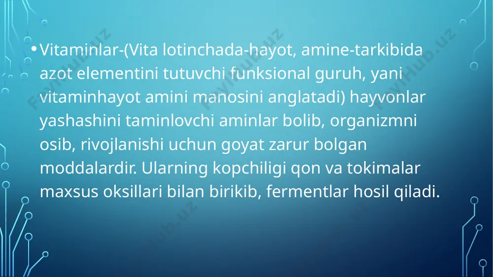 g oldini olish va davolash maqsadida ishlatiladi. vitamin d koproq baliq moyida uchraydi. uning yogli va spirtli eritmalari mavjud. vitamin e (alfa tokoferol). ushbu vitaminning tana uchun ahamiyati jonivorlar ustida otkazilgan tajribalar davomida aniqlangan. vitamin e yetishmasligi natijasida hayvonlaming urchish qobiliyati buziladi. erkak hayvonlarda urug - spenna ishlab chiqarish toxtaydi. homilalik davrida esa homilaning taraqqiy qilishi sekinlashadi. urchitilgan tuxum hujayrasining implantatsiyasi (bachadon devoriga yopishishi) buziladi. shu bilan bir qatorda mushaklarda degenerativ ozgarishlar yuz beradi, yurak faoliyati, miokardning qisqarish qobiliyati zaiflashadi. hozirgi ma’iumotiarga qaraganda, vitamin e tabiiy antioksidant hisoblanib, toyinmagan yog kislotalarini, vitamin c va provitamin a ning oz holicha oksidlanishini bartaraf etadi. bundan tashqari, u mitoxondriy tarkibiga kiradi va fosforlanib, oksidlanish jarayonida qat245 nashadi degan fikrlar ham bor. tokoferol kokatlarda, osimlik moyida koproq, tuxum, sut, goshtda kamroq boladi. tokoferol asosan mushaklar distrofiyasida, bepushtlikda, antioksidant sifatida esa stenokardiya, ateroskleroz, revmatik artrit kasalliklarida beriladi. unayotgan bugʻdoy va noʻxat oʻsimligida boladi. hozirgi vaqtda …