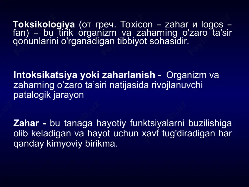 giar (akonit,oq pogonka, sikuta,ilon, chayon zahri) bilan zaharlanishlar. 6. jangovor zaharlovchi moddalar (zarin, chirin, fosgen, harbiy kimyoning sintetik zaharli moddalari) bilan zaharlanishlar. klinik belgilarning namoyon bo‘lishiga qarab: yengil o’rta o’g’ir o’ta og’ir o’lim bilan tugaydigan zaharlanishlaming umumiy diagnostika usullari klinik diagnostika- anamnestic ma’lumotlar, voqea joyidagi ko’rik xulosalari, kasalning klinik ko’rinishiga asoslanadi. elektroensefalogramma-bosh miya bioelektrik faolligini aniqlaydi. elektrokardiogramma- yurakning toksik jaro-hatlanish xususiyati darajasini, ritm hamda o’tkazuvchanlik buzilishini baholashda ahamiyatli * zaharlanishlar laborator diagnostikasining asosiy 3 yo'nalishi mavjud: organizm biologik suyuqliklaridagi zaharli moddalami maxsus toksikologik aniqlash; qon biokimyoviy tarkibining zaharlanishga xos xarakterga o'zgarishini aniqlash; qon biokimyoviy tarkibini o'ziga xos xarakterda bo'lmagan o'zgarishini aniqlash, ya’ni jigar, buyrak va boshqa tizimlaming toksik jarohatlanish og'irlik darajasini aniqlash. alkogol va uning surrogatlaridan o‘tkir zaharlanish etil spirtining 96% li 300—400 ml miqdori o'limga olib kelishi mumkin, ya’ni 4—12 g/kg hisobida. alkogolni komaga olib keluvchi miqdori 3 g/1, o'limga olib keluvchi konsentratsiyasi 6 g/1 ni tashkil etadi. alkogol …