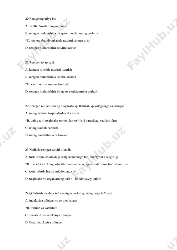 sofaga mutanosib ravishda ortadi b. masofaga mutanosib ravishda kamayadi c. masofa kvadratiga mutanosib ravishda ortadi *d. masofa kvadratiga mutanosib ravishda kamayadi 38.ionlashtiruvchi nurlanishning ekvivalent dozasi mahsulotga teng so'rilgan doz va sifat koeffitsienti, bu quyidagilarga bog'liq: a. nurlangan moddaning massalari * b. ionlashtiruvchi nurlanish turi c. nurlangan moddaning tabiati d. nurlangan biologik to'qima yoki organning tabiati 39.tabiiy radiatsion fon odatda quyidagi birliklarda o'lchanadi: a. ber/yil * b. mkr/soat c. gr /s d. zv / s 40.ionlashtiruvchi nurlanishlarga quyidagilar kiradi: a) ultratovush, b) gamma nurlanishi, c) infraqizil nurlanish, d) atomlar va molekulalar oqimi, e) zarrachalar oqimi, f) rentgen nurlanishi. javoblarning to'g'ri kombinatsiyasini tanlang: a. a. b b. d, e *c. b, e,f d. a, g 41.atom spektri deyiladi: * a. erkin atomlarning energiya darajalari orasidagi kvant o'tishlarida yuzaga keladigan emissiya spektri b. bog'langan atomlarning energiya darajalari orasidagi kvant o'tishlarida yuzaga keladigan yutilish spektri c. kuchli o'zaro ta'sir qiluvchi atomlarning energiya darajalari orasidagi …