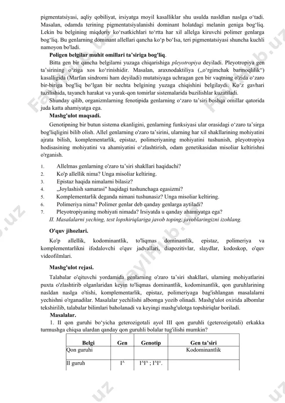 a taalluqli belgini yuzaga chiqaradi. masalan, odamning normal eshitish qobiliyati d va e allelmas dominant genlarning o‘zaro ta’siri bilan belgilanadi (d— chig‘anoq rivojlanishini, e—eshitish nervi rivojlanishini belgilaydi). har ikkala genlar bo‘yicha dominant gomozigotalar (ddee) yoki geterozigotalar (ddee) da eshitish qobiliyati normal rivojlanadi. agar ikkita allelmas genlarning bittasi retsessiv gomozigota holida kelsa (ddee va ddee) karlik kasalligni kuzatiladi. interferon oqsili, gemoglobin polipeptidlari sintezlanishi, sochning pigmentatsiyasi ham komplementarlik xususiyatiga bog'liq. komplementarlikda belgilar ajralishi 9:7; 9:6:1; 9:3:4 nisbatda kuzatiladi. 2. epistaz — har xil allelga kiruvchi genlarning biri ikkin- chisining ta’sirini bo‘g‘ib qo‘yishi holati. agar dominant allel epistazlik xususiyatiga ega bo‘lsa dominant epistaz, gomozigot holida retsessiv allellar epistazi retsessiv epistaz deyiladi. ta’siri yuzaga chiqmay qoladigan gen gipostatik gen, ustun keluvchi gen esa supressor deb ataladi. masalan, tovuqlarda patning rangi, qovoq urug‘i rangi epistaz ta’sir natijasida yuzaga chiqadi. odamlarda epistaz ta’sirga „bombey fenomeni“ misol bo'la oladi. ia, ib allellar retsessiv gomozigot holidagi boshqa allel …