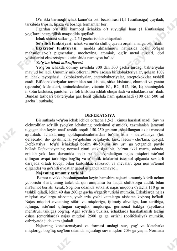 bo’lishi me’dada 2-4 soat, ba’zan ovqat harakteridan kelib chiqqan holda undan ham ko’proq vaqt talab etilishi mumkin. me’da mushaklari qisqarib ovqatni me’da shirasi bilan aralashtiradi. duodenal sfinkter vaqti-vaqti bilan bo’shashi boziq modda kam-kam miqdorda o’n ikki barmoqli ichakka o’tadi va hazm jarayoni bilan bir vaqtda ichaklar bo’ylab harakat davom etadi.harakatlanish jarayoniing ichkaichakda 3-4 soat, yo’g’onichakda 17-24 soatdan iboratdir. sekretor funktsiyasi: bez hujayralarining hazm shirasini ishlab chiqarishdan iboratdir. bularga so’lak, me’da shirasi, me’da osti bezishirasi, ichak shirasi, o’t suyuqligi kiradi. me’da shirasini asosiy tarkibiy qismi bo’lib xlorid kislota va pepsin hisoblanadi. o’n ikki barmoqli ichak kame’da osti bezishirasi (1,5 l /sutkasiga) quyiladi, tarkibida tripsin, lipaza va boshqa fermantlar bor. jigardan o’n ikki barmoql iichakka o’t suyuqligi ham (1 l/sutkasiga) yog’larni hazm qilish maqsadida quyiladi. ichak shirasi sutkasiga 2.5 l gacha ishlab chiqariladi. so’rilish funktsiyasi: ichak va me’da shilliq qavati orqali amalga oshiriladi. ekskretor funktsiyasi: modda almashinuvi natijasida hosil bo’lgan mahsulotlar-o’t pigmentlari, …