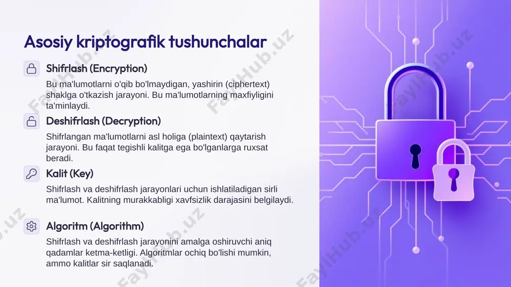 ishlaydi. u rsaga nisbatan kichikroq kalitlar bilan bir xil darajadagi xavfsizlikni ta'minlaydi, bu esa mobil qurilmalar va cheklangan resursli muhitlar uchun idealdir. 6 blokcheyn texnologiyasi va kriptografiya bloklar yaratilishi har bir blok tranzaktsiyalar yoki ma'lumotlar to'plamini o'z ichiga oladi va kriptografik xesh orqali oldingi blokga bog'lanadi. tarmoq konsensus tarmoqdagi barcha ishtirokchilar yangi blokning haqiqiyligini tasdiqlaydi. bu jarayon konsensus mexanizmi orqali amalga oshiriladi (masalan, proof-of-work). zanjir hosil qilishi bloklar zanjir shaklida bir-biriga bog'lanadi, bu esa ma'lumotlarning o'zgarmasligini ta'minlaydi. biror blokni o'zgartirish butun zanjirni buzadi. blokcheyn – bu markazlashmagan, taqsimlangan va kriptografiya bilan himoyalangan ma'lumotlar bazasi. bu texnologiya bitcoin va boshqa kriptovalyutalarning asosiy elementidir. kriptografik xesh funksiyalari va raqamli imzolar har bir blokning va butun zanjirning xavfsizligini, ma'lumotlarning o'zgarmasligini va ishonchliligini ta'minlaydi. 7 kriptografiyaning amaliy qo'llanilishi elektron tijorat internet-do'konlarda kredit karta ma'lumotlari ssl/tls (secure sockets layer/transport layer security) protokollari orqali shifrlanadi, bu esa xavfsiz tranzaktsiyalarni ta'minlaydi. elektron pochta pgp (pretty good privacy) …