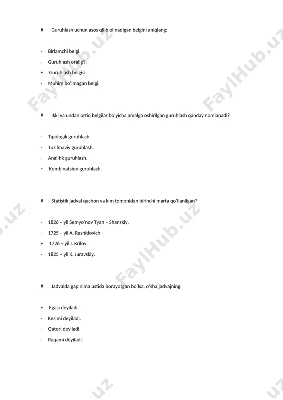 isa o’qi deb yuritiladi. + absissa o’qi deb yuritiladi. - ordinata o’qi deb yuritiladi. # hodisalar tuzilmasini tasvirlash uchun odatda: - chiziqli diagrammadan foydalaniladi. + ustunli va sektorli diagrammadan foydalaniladi. - lenta shaklli diagrammadan foydalaniladi. - qiyosiy diagrammadan foydalaniladi. # o’rganilishi lozim bo’lgan to’plam nima deyiladi? + bosh to’plam. - tanlama to’plam. - alohida to’plam. - vakolatli to’plam. # bosh to’plamdan birliklarni qur’a yoki chek tashlash yo’li bilan tanlab olinsa, bunday to’plam: - mehanik tanlash deyiladi. - kombinatsiyali tanlash deyiladi. + to’la tasodifiy tanlash deyiladi. - rayonlashtirib tanlash deyiladi. # bosh to’plamda birliklar soni: - “n” bilan belgilanadi. - “m” bilan belgilanadi. + “n” bilan belgilanadi. - “m” bilan belgilanadi. # ijtimoiy hodisalarning vaqt ichida o’zgarishini tariflovchi ko’rsatkichlar qatori nima deyiladi? - avtokorrelyatsiya. + dinamika qatorlari. - davriy qatorlar. - interpolyatsiya. # hodisalarning ma’lum bir davr ichidagi holatini tavsiflovchi qatorlar qanday nomlanadi? - hosilaviy dinamika qatorlari. - momentli dinamika qatorlari. …