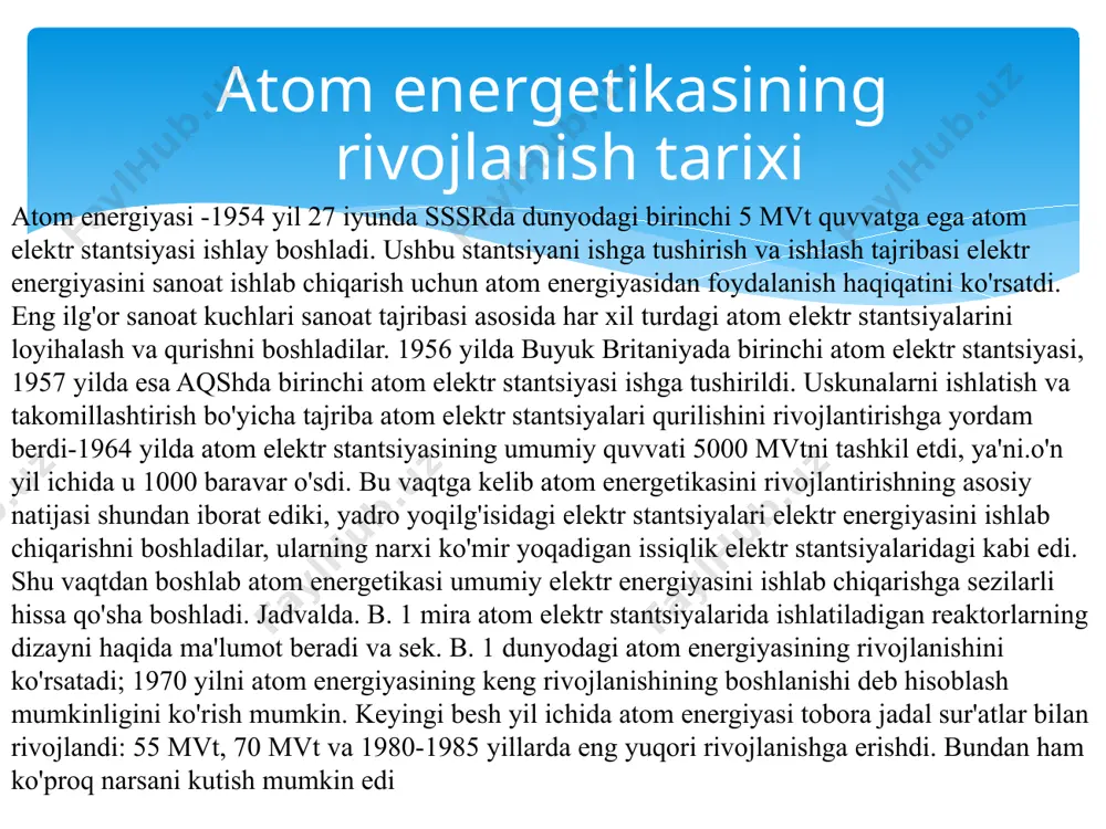 sining rivojlanish tarixi bugungi kunda yadroviy energetikadan foydalanish: dunyo elektr energiyasining taxminan 10% energiyasi ya’ni 440 ga yaqin atom energetikasi orqali ishlab chiqariladi, yana 55 ta mamlakatda 15 ga yaqin atom elektr stansiyalari qurilmoqda, bu mavjud quvvatning taxminan 15% ga teng. 3 1-rasm: dunyo bo‘ylab ishlaydigan yadro reaktorlar soni (manba: jahon yadro assotsatsiyasi, magate - iaea yadro energiyasini ishlab chiqarish ko‘rsatkichlari grafigi (manba: iaea - магате). 4 butun dunyo bo‘ylab yadro energiyasini ishlab chiqarish: 3- rasm. 2019 yilgi manba: dunyo bo‘yicha energiya ishlab chiqaruvchi manbalar ko‘rsatkichi (магатэ - iaea) 5 dunyo bo‘yicha elektr energiyasini ishlab chiqarish manbalarining diagrammada keltirilgan ulushlari) 6 2020 yilda 13 ta mamlakat elektr energiyaning kamida ¼ yadrodan ishlab chiqargan fransiya elektr energiyasining qariyb 70% ni yadro energiyasidan oladi, ukraina, slovakiya, vengriya va belgiya esa yarmini yadrodan oladi yaponiya elektr eneriyasining ¼ ko‘prog‘i atom eneriyasidan olinadi. mavjud reaktorlardan foydalanish: 7 yillar o‘tishi bilan yadro reaktorlarining ishlashi sezilarli …