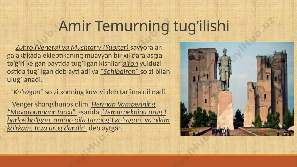 safdoshlariga aylanib, uning qo`shinida lashkarboshilik darajasigacha ko`tarilganlar. o‘zining ilk harbiy faoliyatini amir temur qo‘l ostidagi navkar lari bilan ayrim viloyat amirlariga xizmat qilishdan boshlagan. ularning o‘zaro kurashlarida qatnashib, jasorat ko‘rsatgan va janglarda chiniqqan. harbiy mahorat va oliyhimmatlilik amir temurning shuhratini oshirib, uning dong‘i butun qashqadaryo vohasi, xususan kesh viloyatiga yoyilgan. amir temur- o’z zamonasining o’qimishli hukmdori amir temur o‘z zamonisining o‘qimishli va uquvli hukmdorlaridan bo‘lib yetishadi. tibbiyot, matematika, falakiyot, me’morchilik va tarix ilmidan ham yaxshigina xabardor bo‘lgan. amir temur bilan yuzma-yuz o‘tirib suhbatlashishga muyassar bo‘lgan buyuk arab faylasufi ibn xaldunning ta’kidlashicha, amir temur turk, arab, fors xalqlari tarixini chuqur o‘rgangan, diniy, dunyoviy va falsafiy bilimlarning eng murakkab jihatlarigacha yaxshi o‘zlashtira olgan zot ekan. amir temurning ayollari tarixchi xondamirning “xabib-us-siyar” asarida aytilishicha 1355-yili (1352-yili) amir temur amir joku barlosning qizi turmush og’o (nurmushk og’o)ga uylangan. 1355-yili chig‘atoy xonlaridan qazog‘onning nabirasi, amir husaynning singlisi uljoy turkon og‘o (kamoloy)ga uylanishi tufayli amir temur …