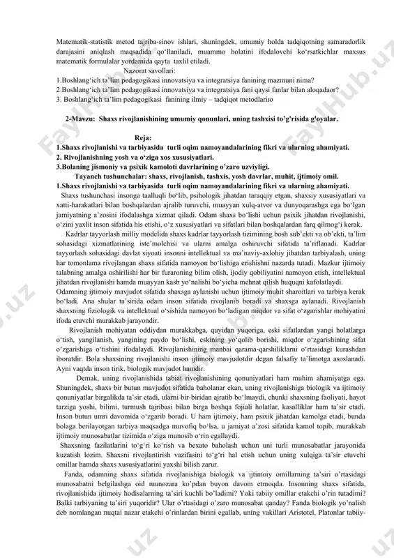 sion (maxsus) pedagogika – rivojlanishida turli psihologik va fiziologik nuqsonlari bo‘lgan bolalarni tarbiyalash va o‘qitish bilan bog‘liq muammolarni o‘rganadi. o‘z navbatida korrektsion pedagogika uch qismga bo‘linadi: surdopedagogika, oligofrenopedagogika, tiflopedagogika. metodika – xususiy fanlarni o‘qitish xususiyatlarini o‘rganadi. pedagogika tarixi – ta’lim va tarbiyaning yuzaga kelishi, taraqqiy etishi, muayyan tarixiy davrlarda etakchi o‘rin egallagan pedagogik fikrlar taraqqiyoti masalalarini o‘rganadi. pedagogik texnologiya – ta’lim va tarbiya jarayonida zamonaviy pedagogik texnologiyalarni qo‘llash, texnologik yondashuv asosida ta’lim va tarbiyaning samaradorligini o‘rganadi. pedagogik mahorat – bo‘lajak o‘qituvchilarning kasbiy mahoratlarini oshirish, takomillashtirish muammolarini o‘rganadi. ijtimoiy pedagogika – ijtimoiy munosabatlar jarayonida pedagogik g‘oyalarning tutgan o‘rni va roli, shaxsni kasbiy va ijtimoiy faoliyatga yo‘naltirish muammolarini o‘rganadi. 3.pedagogik ilmiy-tadqiqot metodlari. pedagogika fani rivoji muayyan pedagogik muammolarni tadqiq etish maqsadida olib borilgan tadqiqot ishlarining g‘oyasi, mazmuni hamda natijalari hisobiga ta’minlanadi. ijtimoiy va ishlab chiqarish jarayonining keskin rivojlanishi shaxsni har tomonlama kamol toptirish imkonini beruvchi omil hamda pedagogik shart-sharoitlarni aniqlash, jamiyat va …