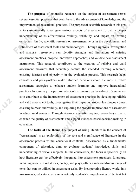 culum objectives. the theory of course paper the introduction to the concept of "assessment" sets the foundation for the coursework by exploring the theory and principles underlying assessment in educational contexts. assessment, as a critical component of the learning process, involves the systematic collection and interpretation of evidence to evaluate students' knowledge, skills, and understanding. the coursework delves into the theoretical frameworks that inform assessment practices. it examines key theories such as constructivism, socio-cultural theory, and cognitive psychology, which provide insights into how individuals learn, acquire knowledge, and demonstrate their understanding. these theories highlight the importance of aligning assessments with instructional goals, considering students' prior knowledge, promoting active engagement, and providing opportunities for reflection and feedback. additionally, the introduction addresses the principles of validity, reliability, and fairness in assessment. it explains the need for assessments to measure what they intend to measure, produce consistent results, and be free from bias. …