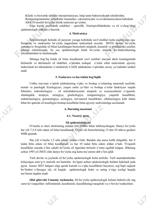 kasalligi bilan kasallanish xavfi omillariga ega bo‘lgan aholi kontingenti o‘rtasida o‘pkadan tashqari va o‘pka silini qiyosiy tashxislash metodlarini. -aholining sil kasalligiga nisbatan munosabati haqida ma’lumot berish bo‘yicha ishlar olib borish shakli, metodlari va tarkibini. -infeksiya o‘chog‘ida xavf omillarini va o‘choq darajasini. uash bilishi kerak: -xavfli omillarni hisobga olgan holda tibbiyot muassasalariga murojat etuvchi sil kaslligiga klinik skrining o‘tkazishni va sil kaslligiga shubha qilingan bemorlarni tekshirishni. - sil kaslligi bo‘yicha epidemiologik xolatning tahlilini o‘tkazishni, silga qarshi tadbirlar rejasini tuzishni, kogort tahlil olib borishni. -jsst tavsiyasiga asoslangan holda xkk10 bo‘yicha tashxisni asoslashni. -o‘pkadan tashkari va o‘pka sili simptomi, sindromli qiyosiy tashxisni o‘tkazishni. - sil infeksiya o‘chog‘ida profilaktik metodlarni o‘tkazishni. amaliy ko‘nikmaga ega bo‘lishlari kerak: -professional so‘rov, bemorni ko‘zdan kechirish, qarindoshlarini so‘rab- surishtirish. -klinik va bioximik tahlillar interperitatsiyasi, balg‘amni bakterioskopik tekshirishni. -rentgenogrammalar, tuberkulin sinamalari, vaksinatsiyalar va revaksinatsiyalarni baholash. -xkk10 tasnifsi bo‘yicha klinik tashxisni qo‘yishni. - silga karshi profilaktik uslublari - spetsifik. ximioprofilaktikalar va …