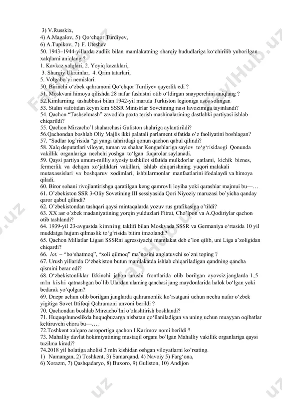 ton respublikasi davlat mustaqilligi asoslari tog’risidagi ”qonun necha moddadan iborat? 28.. o’zbekiston respublikasi konstitutsiyasi loyihasi yaratish ustida qancha muddat ish olib borildi? 29.o’zbekiston davlat hokimyati tizimi nechta bo’linish prinsipiga asoslanadi? 30.har bir hokimyat faoliyatini muvofiqlashtiruvchi mustaqil organ berilgan javobni toping? 31. otajon hoshimov o’zbekiston ssr fanlar komiteti raisi etib qachon saylangan? 32. o’zbekiston ssr fanlar komiteti sssr fanlar akademiyasi o’zssr filialiga (o’zfan) ga qachon aylantirildi? 33.samarqand shaxrida o’zbekiston ssr maorif xalq kommisarligida bir guruh raxbar xodimlar qachon xibsga olindi? 34. ”shahidlar xotirasi” yodgorlik majmuasi qachon ochildi? 35. 1937-1938-yillarda to’qib chiqilgan soxta ayblar bo’yicha o’zbekistonda qancha kishi xibsga olindi? 36. gvardiyachi general-mayor s.rahimov qaysi shaharni shturm qilish vaqtida halok bo‘lgan? 37.ikkinchi jahon urushi yillarida o‘zbekistonlik jangchilardan necha nafari turli sovet orden va medallari bilan mukofotlandi ? 38. o‘zssr fa tuzilganda unga kim prezident etib tayinlandi ? 39. 1950-yili 1-sentyabrda “o’zbekiston ssr fanlar akademiyasining ishi to’g’risida”gi masalada qoralangan akademiya olimlarini sohasi bilan …