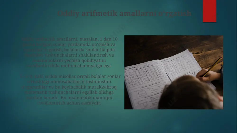 tik operatsiyalarni tushunishni shakllantiradi. vazifalarni bajarish jarayonida bolalar 2d va 3d geometrik shakllarni (kvadrat, kub, to’p) farqlashni o’rganib, fazoviy tasavvurlarini rivojlantiradilar. maktabga tayyorgarlikda son tushunchasining roli son tushunchasi, miqdorlarni solishtirish (masalan, 5 dan 7 ko'p, 2 dan 3 kam) va geometrik shakllarni farqlash kabi asosiy matematik ko'nikmalar maktab o'quv dasturiga muvaffaqiyatli moslashish uchun zarurdir. bolalarda 5-7 yosh oralig'ida sonlar ketma-ketligi, to'plamlarni hisoblash va oddiy tenglamalarni (masalan, 2+3=5) yechish qobiliyatlarining rivojlanishi kelajakdagi matematik muvaffaqiyatlar uchun mustahkam poydevor yaratadi. zamonaviy pedagogik texnologiyalar differensial o'qitish texnologiyalari yordamida 10 nafar bolaning 8 tasida individual ehtiyojlariga mos ravishda matematik asoslarni mustahkamlash mumkin. zamonaviy pedagogik texnologiyalar, masalan, o'yinlashtirilgan o'qitish orqali 5-7 yoshli bolalarda 30% ga yaqin matematik tushunchalarni tezroq shakllantirishga yordam beradi. oʻyinlar orqali matematik tushunchalarni oʻrgatish "kim koʻproq toʻplaydi?" kabi raqobatbardosh oʻyinlar bolalarda sonlarni aniqlash, miqdorlarni taqqoslash va hisoblash koʻnikmalarini 3-4 yoshdan boshlab shakllantirishga yordam beradi. oʻyinlar yordamida 5 yoshgacha boʻlgan bolalarga 1 dan 10 …