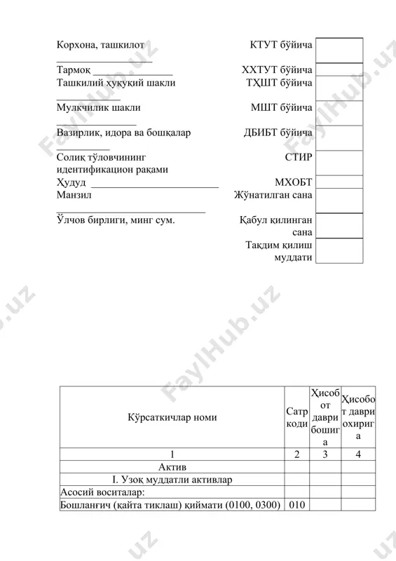 тр. 500 қ 520 қ 540 қ 560 қ 590) 491 мол етказиб берувчи ва пудратчиларга узоқ муддатли қарз (7000) 500 ажратилган бўлинмаларга узоқ муддатли қарз (7110) 510 шўъба ва қарам хўжалик жамиятларга узоқ муддатли қарз (7120) 520 узоқ муддатли кечиктирилган даромадлар (7210, 7220, 7230) 530 солиқ ва мажбурий тўловлар бўйича узоқ муддатли кечиктирилган мажбуриятлар (7240) 540 бошқа узоқ муддатли кечиктирилган мажбуриятлар (7250, 7290) 550 харидорлар ва буюртмачилардан олинган аванслар (7300) 560 узоқ муддатли банк кредитлари (7810) 570 узоқ муддатли қарзлар (7820, 7830, 7840) 580 бошқа узоқ муддатли қарзлар (7900) 590 жорий мажбуриятлар, жами (сатр. 610 қ 630 қ 640 қ 650 қ 660 қ 670 қ 680 қ 690 қ 700 қ 710 қ 720 қ 730 қ 740 қ 750 қ 760) 600 шу жумладан: жорий кредиторлик қарзлар (сатр. 610қ630қ650қ670қ690қ700қ710қ720қ760) 601 шундан: муддати ўтган жорий кредиторлик қарзлари 602 мол етказиб берувчи ва пудратчиларга қарз (6000) 610 ажратилган бўлинмаларга …