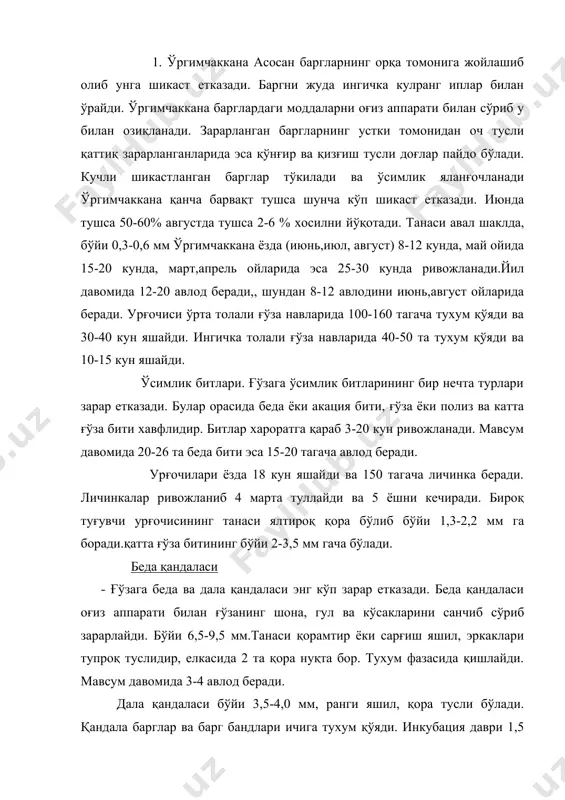 м фазасида қишлайди. мавсум давомида 3-4 авлод беради. дала қандаласи бўйи 3,5-4,0 мм, ранги яшил, қора тусли бўлади. қандала барглар ва барг бандлари ичига тухум қўяди. инкубация даври 1,5 хафтага чўзилади, личинкасининг ривожланиши 25-30 кун давом этади. у эрта кўкламдан кеч кузгача ғўзанинг бутун ер устки қисмларини зарарлайди. бутун умрида 3-4 авлод беради. иссиқхона оққаноти.ғўзанинг нисбатан янги зараркунандасидир. оққанот ғўзага 1970 йиллардан мослаша бошлади. оққанот нотўëèқ ðèâîæëàíàäèãàí ùàøîðàтäèð. ó òóõóì, 3 ¸ø ëè÷èíêà äàâðè, íèìôà ùàìäà åòóê çîò (èìîãî) äàâðëàðèíè áîøèäàí êå÷èðàäè. áàùîð-êуç äàâðëàðèäà 7-8 ìàðòà, êуç-áàùîð ïàéòèäà иссиқхонаëàðäà 4-5 ìàðòà йилига 11-13 авлод беради. оқ қанотнинг ватани тропикдир. оққанот ғўзани майнинг охиридан июлнинг 3 декадасигача асосан 3 та авлоди зарарлайди. тамаки трипси унинг бўйи 0,8-0,9 мм. трипслар ғўзанинг ёш барглари ва ўсув нуқталарини зарарлайди. у 7-8 марта авлод беради. цикадалар ғўзани санчиб сўриб зарарлайди. цикадаларнинг 10 ортиқ тури бўлиб энг зарарлиси сариқ цикадалар. июнь ойида тухум қўяди. тухумидан чиққан …