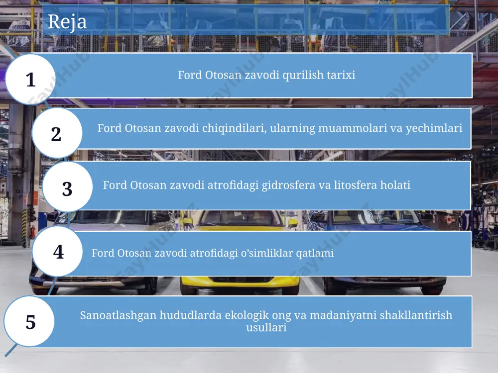 gik yuk va uni boshqarish ford otosan chiqindilarni kamaytirish bo‘yicha zamonaviy texnologiyalarni joriy qilmoqda. havoda: bo‘yoq texnologiyalari takomillashtirilmoqda. suvda: yopiq aylanish tizimlari va tozalash inshootlari. qattiq chiqindilar: qayta ishlash dasturlari. ford otosan: ekologik masʼuliyat sari quyosh panellari va shamol turbinalari orqali qayta tiklanuvchi energiyadan foydalanish kengaymoqda. so‘nggi yillarda umumiy energiya iste’molida qayta tiklanuvchi manbalar ulushi ortib bormoqda. yashil energiya: kelajak uchun qadam ekologik samaradorlikni oshirish, chiqindilarni kamaytirish va yangi texnologiyalarni joriy qilish. ford otosan kelgusida karbon neytrallikka erishishni maqsad qilgan. oldinda turgan vazifalar tuproqning ifloslanishi zavod atrofida sezilarli darajada kuzatilmoqda. reabilitatsiya dasturlari orqali tuproqni tiklash choralari ko‘rilmoqda. tuproq: zavod faoliyatining koʻzgusi oqova suvlar marmara dengizi kabi suv havzalariga ta’sir ko‘rsatadi. ford otosan zamonaviy suv tozalash texnologiyalarini qo‘llamoqda. suv havzalari: ford otosan taʼsiri suv va tuproq tahlillarida qo‘rg‘oshin, nikel, moy mahsulotlari kabi zararli moddalar aniqlanadi. bu moddalar me’yorlardan yuqori bo‘lishi ekologik muammolarni keltirib chiqaradi. kimyoviy iz: litosfera va gidrosferada ford otosan …