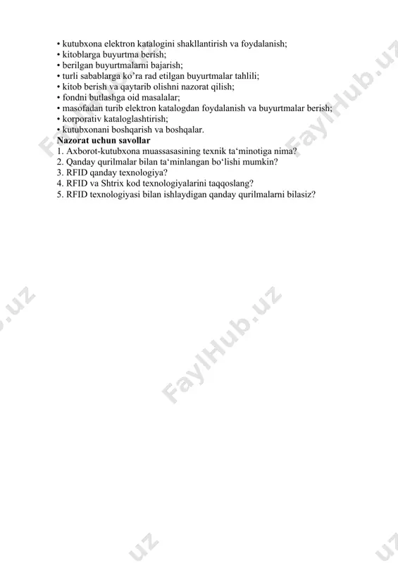 bu yerda kutubxonani avtomatlashtirilgan boshqaruv tizimi rfid tizimi asosida amalga oshiriladi. kutubxona avtomatlashtirilgan kitob berish va kitoblarni qaytarib olish imkoniyatini beruvchi stansiyalar bilan ta‘minlangach, kitobxonlar tomonidan tanlangan kitoblar mustaqil ravishda rasmiylashtiriladi (kitobxon tomonidan tanlangan kitoblar to’g’risidagi ma‘lumotlar, kitob berish stansiyasi yordamida, kitobxonlarning elektron formulyariga yozib qo’yiladi). kitoblarni qaytarib olishga mo’ljallangan robot-saralagich mustaqil ravishda kitoblarni saralaydi, kutubxonachi esa kitoblarni tokchalaga joylashtiradi xolos. vatikan kutubxonasi fondini inventarizatsiya qilishning o’zoq vaqtga cho’zili rfid texnologiyasini tatbiq qilishga olib kelgan. bu kutubxonada inventarizatsiya jarayoni ikki oy davom etib, bu ishga ko’plab xodimlar jalb qilingan. kutubxonada rfid texnologiyasini tatbiq qilingach, ko’p millionli fondni inventarizatsiya qilish, ikki xodim tomonidan bir kunda bajarilgan. vatikan kutubxonasidagi kitoblarning ko’pchiligi qadimiy kitoblar bo’lgani uchun ham ularni o’z o’rnidan siljitmay inventarizatsiya o’tkazish juda muhim bo’lgan. 2007 yildan boshalb, germaniyaning gamburg shahridagi ommaviy kutubxonalarda rfid texnolgiyasidan foydalanish rejalashtirilmoqda. yillik kitob aylanishi 2 mln. birlikdan iborat bo’lgan kutubxonalarda hujjatlarni berish va qaytarib olishni avtomatlashtiruvchi …