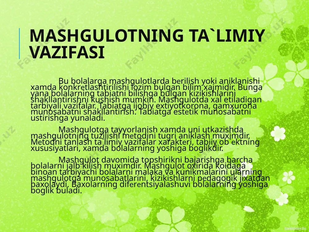 ligi» t..,2004 yil. x. axmеdova va boshka… «bolangiz maktabga tayyormiq» t.., 2000y. o.u.xasanboеva va boshqalar. «maktabgacha ta`lim pеdagogikasi». t.., «ilm ziyo» 2006. wwwpedagog.uz