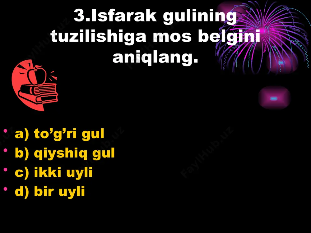 1 – v 2 – g 3 – b 4 – d c) 1 – g 2 – d 3 – a 4 – v d) 1 – v 2 – b 3 – d 4 – a 34. eng kichik gulli o`simlik berilgan javobni aniqlang? a) volfiya b) raffleziya arnoldi c) kaliforniyadagi sekvoyadendron d) avstraliyadagi evkalipt 35. gulli o`simliklarning spermalari qaysi hujayradan hosil bo`ladi? a) markaziy b) vegetativ c) plazmatik d) generativ 36. qaysi o`simliklarning gullari to`pgul o`qida uzun bandi orqali birikkan? a) olma, nok, gilos b) zubturum, makkajo`xori c) karam, rediska, jag`-jag d) tok, sholi, sachratqi 37. changlanish va urug’lanishdan so`ng urug`kurtak va tugunchadan nima hosil bo`ladi? a) meva va urug` b) urug` va meva c) faqat urug` d) har ikkalasidan urug’ 38. terakning changchili, urug`chili gullari qayerda joylashadi? a) bitta o`simlikda b) boshqa-boshqa o`simlikda c) gullari jinssiz d) faqat yangi novdada 39.o’simliklarda sun’iy changlash o`tkazishdan maqsad nima? …