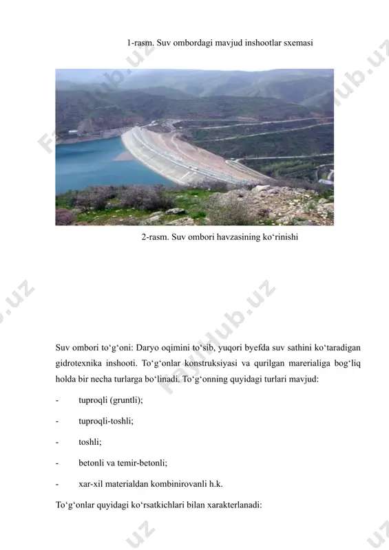 qin suvlarini quyi byefga o‘tkazishga mo‘ljallangan inshoot. favqulodda suv tashlash inshootining asosiy vazifasi toshqin va ortiqcha suvlarni pastki byefga o‘tkazib yuborishdan iborat. to‘g‘on tanasidagi suv tashlamalar daryo o‘zanida yoki suv bosgan qismida (poyma) joylashgan bo‘ladi. ularning konstruktiv holatlari esa ochiq va quvurli shaklda quriladi. quvurli suv tashlamalar naporli oqim sharoitida ishlaydi. qirg‘oqda joylashgan suv tashlamalar to‘g‘on tanasidagilardan farq qiladi. ular ochiq suv tashlash kanali, tunel va xar xil kesimga ega kanallar, shaxta va tunel shaklida quriladi. bunday suv tashlamalarda oqim yo‘naltiruvchi trakti ancha uzun bo‘ladi. suv tashlash inshootlarining quyidagi turlari mavjud: quvursimon; ochiq holatdagi; shaxtali; sifonli. tunelli; foydalanilgan adabiyotlar 1. bakiev m.r., majidov j., nosirov b., xo’jaqulov r., raxmatov m. gidrotexnikainshootlari. 1-jild. toshkent, “yangi asr avlodi”, 2008. • 2. bakiev m.r., majidov j., nosirov b., xo’jaqulov r., raxmatov m. gidrotexnikainshootlari. 2-jild. toshkent, iktisod-moliya, 2009. • 3. бакиев м.р., янгиев а.а., кодиров о, “гидротехника иншоотлари”. фан. тошкент. 2002. image1.png image2.jpeg image3.png