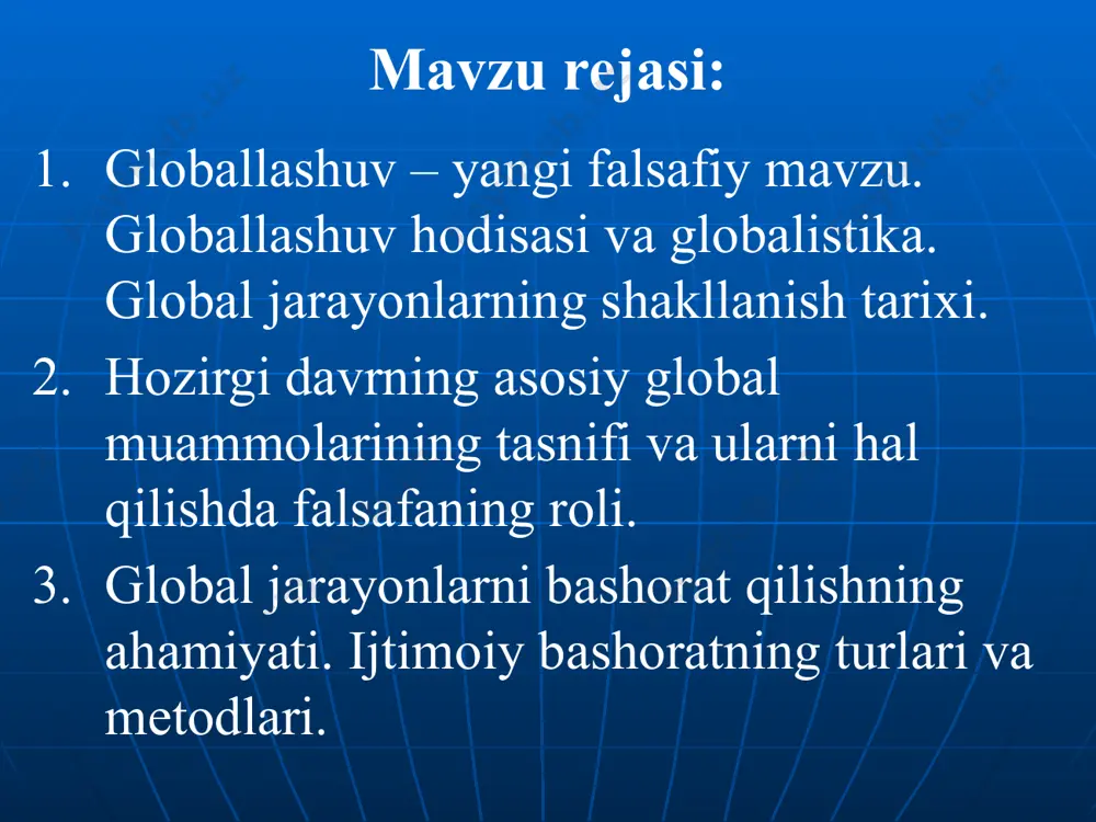 ridan boshlab duch kelish mumkin, xix asr boshiga kelib esa u amalda real shakl-shamoyil kasb etdi. bu pirovardida yagona geografik, ma’lum darajada iqtisodiy va siyosiy jahon maydoni shakllanishiga olib kelgan buyuk geografik kashfiyotlar yuz bergan davr edi. ayni shu davrda dunyoni tushunishga nisbatan geotsentrik yondashuvlar geliotsentrik yondashuvlarga o‘rin bo‘shatdi, insoniyat esa, nihoyat, kun va tunning almashishini to‘g‘ri talqin qilishga muvaffaq bo‘ldi. fan falsafadan ajralib chiqib, bilimlar to‘planishi va texnikaning rivojlanishiga kuchli turtki berdi, fan-texnika taraqqiyoti va sanoat inqilobi yuz berishiga sabab bo‘ldi. so‘nggi zikr etilgan voqealar pirovard natijada insonning tabiatni o‘zgartiruvchi imkoniyatlari va uning atrof muhit bilan munosabatini butunlay o‘zgartirdi.. fundamental globallashuv. globallashuvning navbatdagi bosqichi dunyo miqyosidagi aloqalar, tuzilmalar va munosabatlar yuzaga kelishi bilan bog‘liq. mazkur jarayonlar natijasida dunyo o‘zining deyarli barcha jihatlarida yaxlit bir butun organizm sifatida uzil-kesil shakllandi. fundamental deb nomlanuvchi bunday globallashuvning ilk alomatlari xix asrning ikkinchi yarmida paydo bo‘ldi, xx asr o‘rtalariga kelib esa u to‘la …