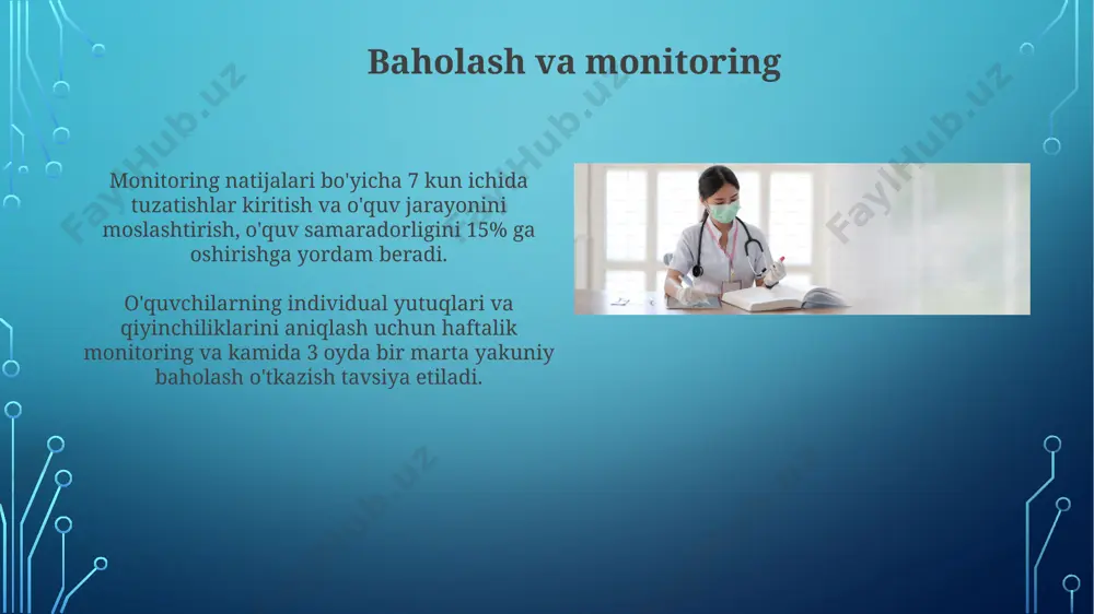 ilan ishlashda, ularning yosh xususiyatlarini (masalan, 3-7 yoshdagi bolalar uchun o'yin terapiyasi, 10-14 yoshdagilar uchun guruhli mashg'ulotlar) hisobga olish muhim pedagogik jihat hisoblanadi. kasal bolalarning o'quv faoliyatiga qiziqishini oshirish maqsadida, ularning individual qobiliyatlarini aniqlash va bunga mos ravishda, kamida 3 ta turli o'quv uslublarini qo'llash kerak. sog'liqni saqlash xodimlarining kasbiy tayyorgarligi sog'liqni saqlash xodimlarining kasbiy tayyorgarligida simulyatsion o'qitish usullari samaradorligini oshirish uchun kamida 30% amaliy mashg'ulotlar va 70% nazariy bilimlarni muvozanatli qo'llash tavsiya etiladi. sog'liqni saqlash xodimlarining kasbiy tayyorgarligida xavfsizlik va gigiena qoidalariga rioya qilish bo'yicha minimal 16 soatlik amaliy mashg'ulotlarni o'tkazish majburiy hisoblanadi. axborot kommunikatsiya texnologiyalari axborot kommunikatsiya texnologiyalari (akt) sog'liqni saqlash ta'limi jarayonida o'quv materiallarini interaktiv ravishda taqdim etish, masalan, simulyatsiyalar yordamida 3d modellashtirish orqali, samaradorligini 20-30% ga oshirishi mumkin. onlayn platformalar va masofaviy o'qitish tizimlari orqali akt yordamida 500 dan ortiq shifokor va tibbiyot xodimlarini bir vaqtning o'zida o'qitish imkoniyati mavjud bo'lib, bu an'anaviy usullarga nisbatan ancha …