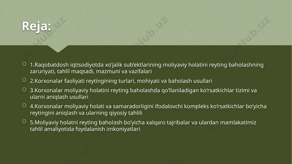 ning vazifalari reyting tizimi quyidagi asosiy vazifalarni bajaradi: moliyaviy holatni kompleks tahlil qilish moliyaviy barqarorlikni baholash qarorlar qabul qilishni osonlashtirish sarmoya jalb qilishda yordam berish xo‘jalik sub’ektlarining raqobatbardoshligini oshirish korxonalar faoliyati reytingi — bu biror tashkilotning iqtisodiy, moliyaviy, boshqaruv va boshqa faoliyat ko‘rsatkichlarini o‘rganish va taqqoslash orqali ularning holatini baholash usulidir. korxonaning reytingini baholash orqali uning ishlash samaradorligi, raqobatbardoshligi va bozordagi o‘rni aniqlanadi. reytingning turli usullari mavjud bo‘lib, ular korxonaning faoliyatiga qaratilgan va baholash mezonlariga asoslanadi. 1. korxonalar faoliyati reytingining turlari korxonaning reytingi bir nechta turga bo‘linadi. eng ko‘p ishlatiladigan reyting turlari: a) moliyaviy reyting moliyaviy reyting korxonaning moliyaviy holatini va barqarorligini baholashga yo‘naltirilgan. bu reyting ko‘pincha moliyaviy ko‘rsatkichlar asosida tuziladi, jumladan: daromad va xarajatlar sof foyda kapital va qarzlar likvidlik va rentabellik aktivlar va passivlar b) iqtisodiy reyting iqtisodiy reyting korxonaning umumiy iqtisodiy faoliyatini, o‘z sohasidagi raqobatbardoshligini baholashga qaratilgan. bu reyting ishlab chiqarish hajmi, mahsulot sifatini, ishlab chiqarish samaradorligini …