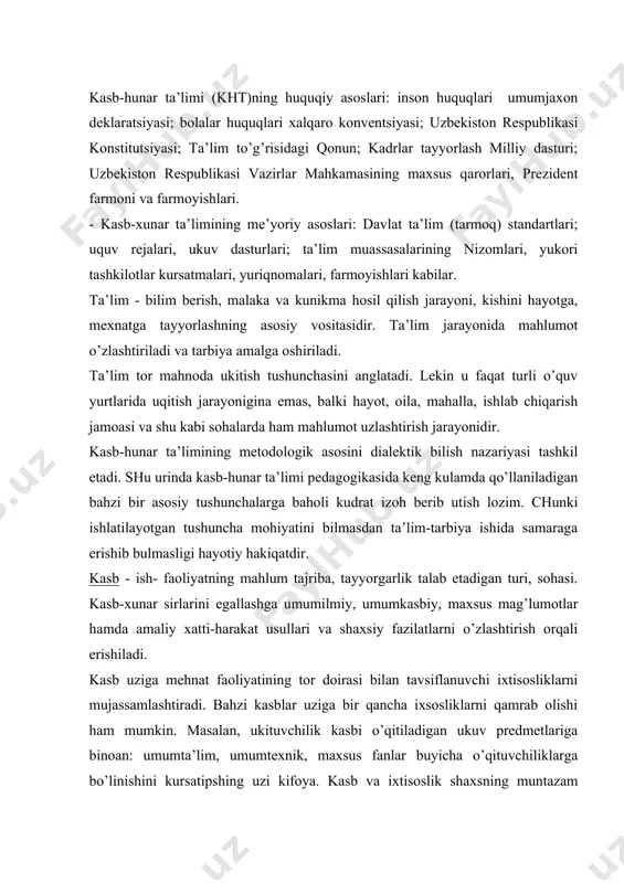 tlariga binoan: umumta’lim, umumtexnik, maxsus fanlar buyicha o’qituvchiliklarga bo’linishini kursatipshing uzi kifoya. kasb va ixtisoslik shaxsning muntazam ravishda mahlum turdagi ish bilan shugullanish metodlarini uzlashtirib borishni ifodalaydi. metod iborasi (yunoncha - methodas - tadqikot yoki bilish yuli, nazariya, ta’limot mahnosini anglatib) voqelikni bilish, uzlashtirish, uzgartirish usullari majmuasidir. metod aslida insonning amaliy faoliyati negizida vujudga kelgan. metodika pedagogikaning o’qitish qonuniyatlari, qoidalari tashkil etish shakllari, amalga oshirish va natijalarini nazorat qilib baholash metod hamda vositalarini uzida mujassamlashtiruvchi fan tarmog’idir. vagandoshimiz pedagog olim n.s. sayidaxmedov fikricha," metodika ukuv jarayonini tashkil etish va utkazish buyicha tavsiyalar majmuasidir. metodikadan qo’zlangan maqsad predmet mavzulariga oid nazariyalarni, aniq hodisalar tekisligiga ko’chirishdir"^ metodologiya - "metod" va "logiya" iboralariniig birligida bilish faoliyati usuli, vositalari va mantiqiy tartibi haqidagi ta’limog mahnosini anglatadi. demak, metodologiya har qanday faoliyatniig zaruriy tashkiliy komponentidir. shu jihatdan metodologik bilimlar, eng avvalo, muayyan faoliyat turlarining mazmuni va izchilligini uziga kamrab olib, odat hamda me’yorlar shaklida, ikkinchidan, …