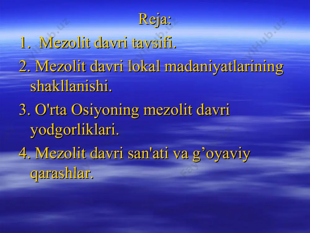 biiy sharoiti muzlikning erishi bilan o’zgardi. muzlikning shimolga chekinishi natijasida ko’plab ko’llar, o’simliklar o’sishi uchun yaroqli yerlar, botqoqliklar ko’paydi. janubda iqlim yaxshilanib, bu paytda ko’plab shoxli hayvonlar va yashil o’simliklar tarqaldi. yevropa hududida esa keng bargli yashil o’rmonlar bilan qoplandi. bu davrda boltiq dengizi va shimoliy yevropa ko’llari hozirgi qiyofaga keladi. muzlik siljishi (muzlik yiliga taxminan 160 metr siljigan.) bilan odamlar ham shimol tomon harakat qiladi. mezolit davriga kelib o’rta osiyoda sigment, trapetsiya va uchburchak shaklidagi mayda qurolchalar – mikrolitlar paydo bo’ladi. bu qurollardan odamlar kesish va o’rish maqsadlarida, pichoq va o’roq sifatida keng foydalanganlar. mezolit davrining eng katta kashfiyoti va yutuqlaridan biri – kamalak va o’qning kashf etilishi edi. kamalak va o’q-inson kashf etgan eng dastlabki murakkab moslama bo’lib, u insoniyatning uzoq davom etgan mehnat tajribasi va zakovatining natijasi bo’ldi. o’q yoyning kashf etilishi mezolit davri ishlab chiqaruvchi kuchlarining o’ziga xos inqilobi edi. мезолит - м.ав.12-7 минг йилликлар давр …