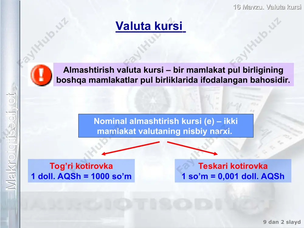irish kursning funksiyasidir real almashtirish kursi nx nx () real almashtirish kursi qanchalik past bo’lsa, milliy tovarlar import tovarlarga nisbatan shunchalik arzon bo’ladi va sof eksport miqdori oshadi. sof eksport miqdori noldan kichik bo’lishi mumkin, chunki import hajmi eksportdan oshishi mumkin.  0 16 mavzu. valuta kursi 9 dan * slayd makroiqtisodiyot real almashtirish kursining omillari saldo to’lov balansining joriy hisobi nx()  qanchali yuqori bo’lsa,nx shunchali past bo’ladi saldo kapital harakatining hisobi (s-i) s > i nisbati qanchali katta bo’lsa, chet elda investitsiyalash uchun so’mlarni dollarga shunchali ko’proq almashtirish mumkin = - real almashtirish kursi s –i egri chiziіi va sof eksport egri chiziіining kesishish nuqtasida muvozanat darajasiga erishadi. bu nuqtada kapital operatsiyalar bo’yicha milliy valyutaning taklifi joriy operatsiyalarning milliy valyutaga bo’lgan talabi bilan tenglashadi. nx nx ()  s-i 16 mavzu. valuta kursi 9 dan * slayd makroiqtisodiyot real almashtirish kursiga makroiqtisodiy siyosatning ta’siri real almashtirish kursiga fiskal …