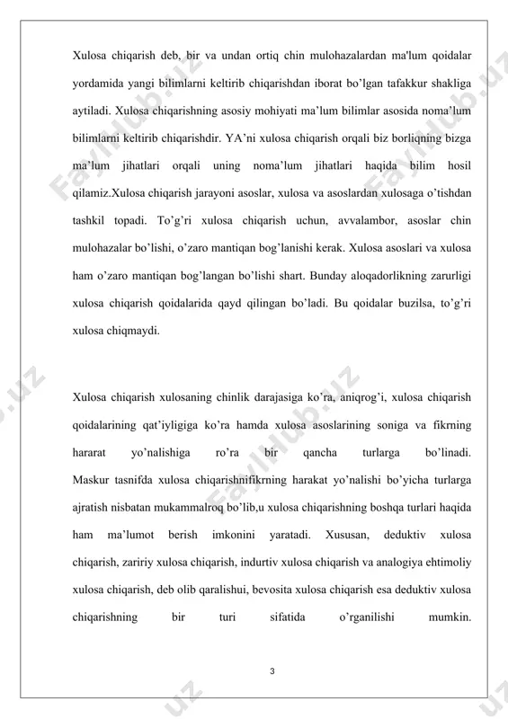 rilib, xulosa chiqariladi. bu usul, ayniqsa, tushuncha berilgan ta’riflarning to’g’riligini aniqlashda muhim ahamiyatga ega. iii. predikatga qarama-qarshi qo’yish bevosita xulosa chiqarishning mantiqiy usullaridan biri bo’lib, bu usul qo’llanilganda berilgan mulohaza avval aylantiriladi, so’ngra almashtiriladi. natijada hosil qilingan mulohazaning (xulosaning) sub’ekti asos mulohaza predikatiga zid, predikati esa uning sub’ektiga mos bo'ladi: 3) predikatga karama – karshi kuyish orkali xulosa chikarish. xulosa asosi xulosa a xamma xech bir p emas s emas 2 e xech bir emas ba’zi p emas s dir 3 o ba’zi ba’zi p emas s dir 1 predikatga karama – karshi kuyishda a - ye ga, ye – i ga, o – i ga, uzgaradi . 4) mantikiy kvadrat orkali xulosa chikarish. a) zidlik (kontrandiklorlik) munosabatiga asoslangan xolda xulosa chikarish. , b) karama-karshilik (kontrorlik) munosabatlariga asoslangan xolda xulosa chikarish. c) kisman maslik (subkontrorlik) munosabatiga asoslangan xolda xulosa chikarish. d) buysunish munosabatiga asoslangan xolda xulosa chikorish . bunda, xulosada, …