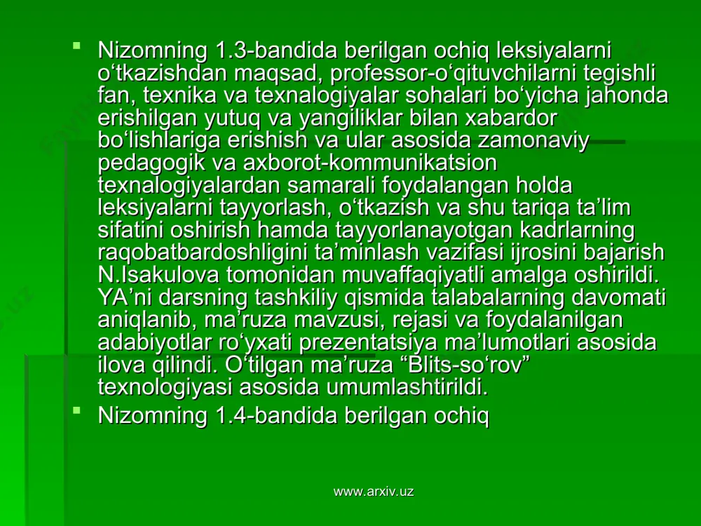 di. ya’ni darsning tashkiliy qismida talabalarning davomati aniqlanib, ma’ruza mavzusi, rejasi va foydalanilgan adabiyotlar rо‘yxati prezentatsiya ma’lumotlari asosida ilova qilindi. о‘tilgan ma’ruza “blits-sо‘rov” texnologiyasi asosida umumlashtirildi. nizomning 1.4-bandida berilgan ochiq www.arxiv.uz www.arxiv.uz www.arxiv.uz www.arxiv.uz www.arxiv.uz www.arxiv.uz www.arxiv.uz www.arxiv.uz nizomning 1.4-bandida berilgan ochiq leksiyalarni о‘tkazish vazifalaridan biri talabalar fandagi sо‘nggi yutuq va yangiliklarni yetkazish maqsadida dunyo ma’lumotlari sifatida ta’limni standartlashtirish kabi dolzarb muammo ochiq leksiya davomida kuzatildi. darsning asosiy qismida mavzu bо‘yicha quyidagicha: 1. standart, standartlashtirish meyorlari tushunchalari. 2. standartlashtirishning meyoriy elementlari. standartlashtirish turlari. 3. о‘rta maxsus, kasb-hunar mazmuni kabi reja asosida ma’ruza qilindi. “ta’limni standartlashtirish. о‘rta maxsus kasb-hunar ta’limi mazmuni, maqsadi va vazifalari” mavzusidagi dotsent v.b. n.isakulovaning ochiq ma’ruzasida toshkent irrigatsiya va meloratsiya institutining “pedagogika. psixologiya va о‘qitish metodikasi” kafedrasi dotsenti, pedagogika fanlari doktori x.xudoyqulov, nizomiy nomidagi toshkent pedagogika universitetining “umumiy pedagogika” kafedrasi mudiri, pedagogika fanlari nomzodi, dotsent b.xodjayev ekspert sifatida ishtirok etishdi. nizomning 2.5-bandida ochiq leksiyaning matni (yoki uning …