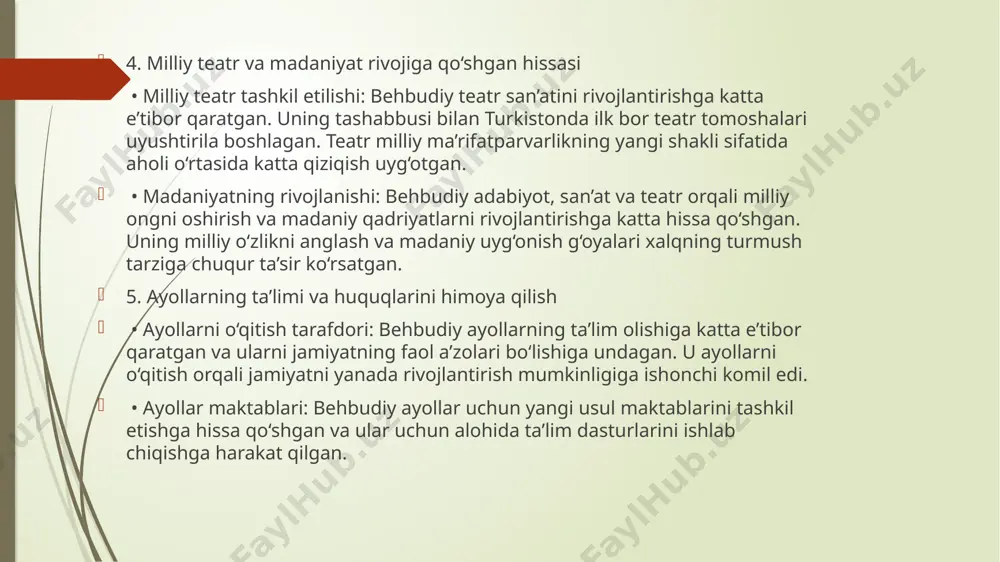 avomida turkiston xalqlarining huquqlari va erkinliklarini himoya qilishga, milliy o‘z-o‘zini boshqarish tamoyillarini ilgari surishga intilgan. u turkiston muxtoriyati parlamentiga saylangan va muxtoriyat rahbari sifatida faoliyat yuritgan. 4. madaniy-ma’naviy hayotdagi o‘rni • milliy madaniyatni rivojlantirish: munavvarqori turkiston xalqining madaniy uyg‘onishiga katta hissa qo‘shgan. u teatr va madaniy tadbirlarni qo‘llab-quvvatlagan, bu orqali millatning ma’naviy va madaniy rivojlanishi uchun yo‘l ochgan. uning bu boradagi sa’y-harakatlari milliy madaniyat va san’atni rivojlantirishga yordam bergan. • ayollarning ta’limi va jamiyatdagi roli: munavvarqori ayollarning ta’lim olishini qo‘llab-quvvatlagan va ayollarga yangi usul maktablarida o‘qish imkoniyatini yaratishga hissa qo‘shgan. u jamiyatda ayollarning o‘rnini oshirish, ularning ta’lim va tarbiya olishini targ‘ib qilish tarafdori bo‘lgan. 5. diniy sohadagi islohotlar • islom va zamonaviylik uyg‘unligi: munavvarqori islom dinini zamon talablariga moslashtirishga harakat qilgan. u diniy bilimlarni saqlab qolish bilan birga, zamonaviy ilm-fan va texnologiyalarni o‘rganish va joriy qilish kerakligini ta’kidlagan. bu orqali u islom dinini ijtimoiy taraqqiyot bilan birlashtirishga intilgan. munavvarqori abdurashidxonovning …