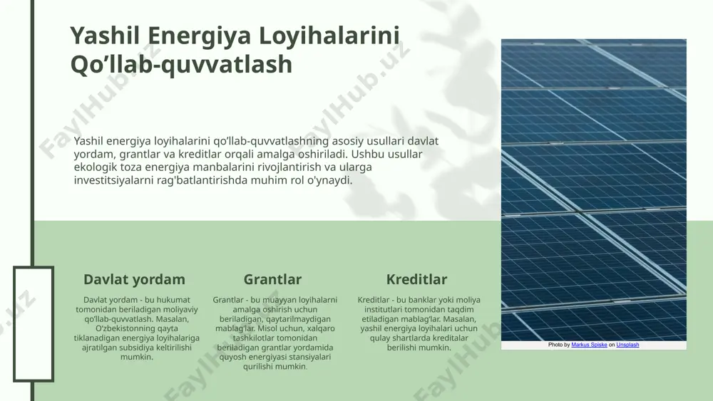 higa oladi. ushbu texnologiyalar yordamida hosildorlikni oshirish va atrof-muhitga zarar etkazishni kamaytirish mumkin. o'zbekistonda ahamiyati: o'zbekistonda barqaror qishloq xo'jaligining rivojlanishi oziq-ovqat xavfsizligini ta'minlash, iqtisodiy o'sishni rag'batlantirish va qishloq joylarda ish o'rinlarini yaratish uchun muhimdir. bu jarayon, shuningdek, ekologik muammolarni hal qilishda katta ahamiyatga ega. muvaffaqiyatli misollar: dunyo bo'ylab barqaror qishloq xo'jaligi loyihalari, masalan, vertikal qishloq xo'jaligi va akvakultura, o'zlarining yuqori hosildorligi va resurslardan samarali foydalanishi bilan ajralib turadi. ushbu misollar, qishloq xo'jaligida barqarorlikni oshirish va yashil iqtisodiyotni rivojlantirish uchun ilhom manbai bo'lishi mumkin. 04.26.24 xulosa 1. yashil energetika loyihalari: - barqarorlik va energiya tejamkorligi asosiy ahamiyatga ega. - qayta tiklanuvchi energiya manbalariga investitsiyalarni oshirish zarur. 2. qo'llab-quvvatlash usullari: - davlat yordam: subsidiyalar va grantlar orqali xususiy sektorni jalb qilish. - kreditlar: arzon foizli kreditlar bilan investitsiyalarni rag'batlantirish. 3. investitsiya strategiyalari: - swot tahlili: * kuchli tomonlar: barqaror energiya manbalarining mavjudligi. * zaif tomonlar: yuqori boshlang'ich xarajatlar. * imkoniyatlar: xalqaro grantlar …