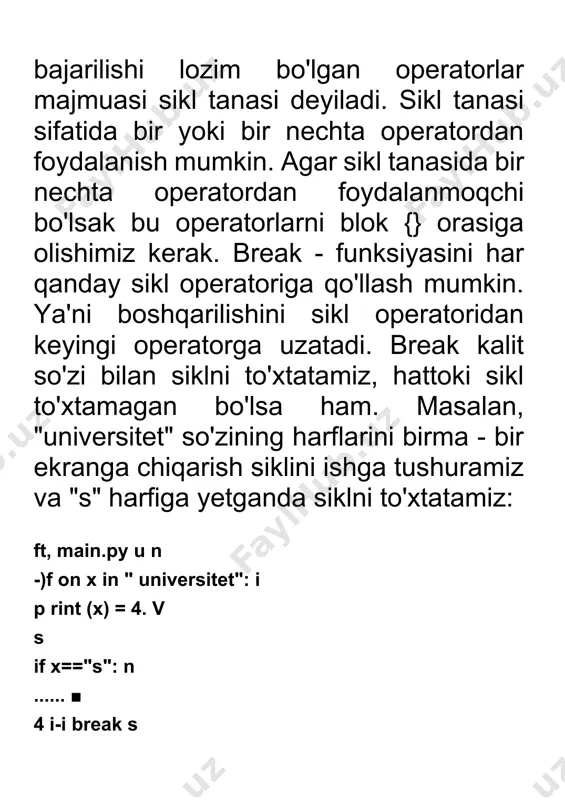 si tugatiladi. bunda esa siklning o'zi tugatilmaydi. continue kalit so'zi siklning ayrim joylaridan sakrab o'tadi. aniqroq qilib aytganda sikl davomida ayrim nuqtalarga kelganda ko'rsatilgan amalni bajarmay ketadi. masalan, "python" so'zidagi harflarni ekranga chiqaramiz va shunda "h" harfini tashlab ketamiz: main.py wfor x in "python" if x == 'h'i continue p rint(x} range() funksiyasi biror amalni belgilangan marta bajarish yoki biror oraliqdagi sonlarga murojaat qilish uchun qo'llaniladi. bunda range() ichiga kerakli son qo'yiladi va sanoq avtomatik tarzda 0 dan boshlanib ko'rsatilgan songacha davom etadi. ammo uning o'zi hisobga kirmaydi. masalan, 0 dan 5 gacha (5 soni hisobga kirmaydi) bo'lgan sonlarni ekranga chiqaramiz: ft main.py 0 for x in rarige(5): tp 2 ¿ print(x) 3 i * i 2.for va while sikli biz range() funksiyasida sanoq avtomatik 0 dan boshlanishini aytib o'tdik. biz uni o'zimiz istagan sondan boshlashimiz ham mumkin. masalan 3 dan 8 gacha bo'lgan sonlarni ekranga chiqaramiz. bunda sanoq 3 …