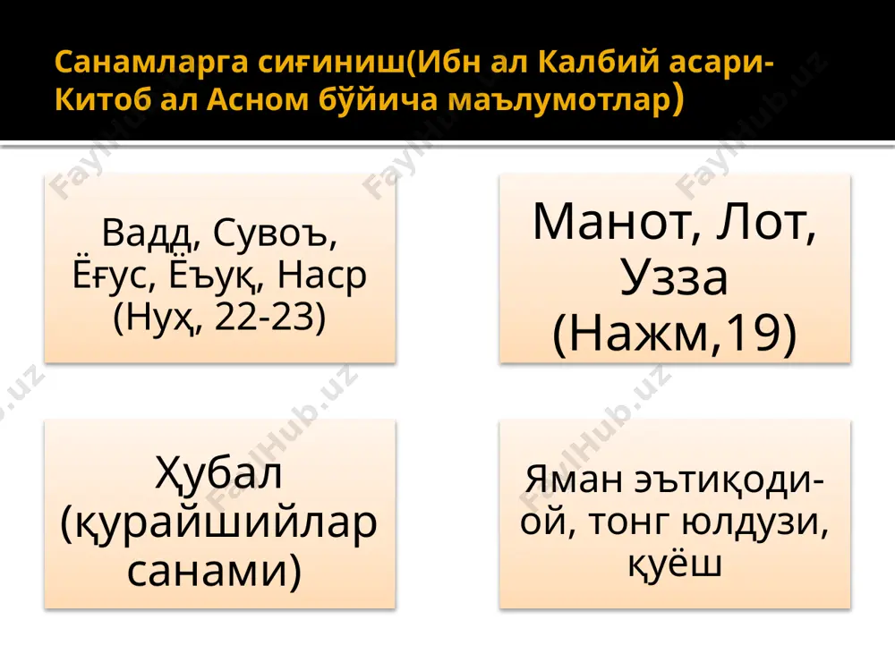 дақ жангидан сўнг макканинг олинишигача 8 та сура. (630 й. февралидан 632 й. майигача). макка олинганидан кейин муҳаммад (с.а.в.) пайғамбарнинг вафотигача 5та сура. суралар хусусиятлари маккий қисқа, кенг яккахудолик, рисолат, қиёмат, дўзах ва жаннат маданий узунроқ суралар шариат умумий асослари, ахлоқ нормалари,оилавий муносабатлар маъноли жарангдор қуръон жамланиши ридда воқеаларидан сўнг, қорилар шаҳид кетиши натижасида умар ибн хаттоб таклифи билан абу бакр бу ишни саҳоба зайд ибн собитга топширади кийик терисига ёзилган нусха(ас суҳуф ал-бакрия) умар ибн хаттоб вафотидан сўнг, пайғамбар аёли ҳафсада қолган якуний жамланма халифа усмон буйруғига кўра зайд ибн собит 651 йил китоб ҳолига келтирилади. қуръон нусхалари дамашқ мусҳафи усмон мадина имон куфа мусҳафи усмон басра мусҳафи усмон тошкентдаги қуръон 1.353 варақдан иборат. ўлчами-68х53 см. матн ёзилган қисми ҳажми-50х44 см.қатори-12та. куфий хатида. 2.муғак масжиди имоми абдурахим имоний қуръон варақларини тиклаган. 3.руслар босқинига қадар самарқанддаги хўжа аҳрор мадрасасида сақланган. 4.шоший боғдоддан олиб келган 5.хўжа ахрор муридларидан бири истамбулдан қайтишда …