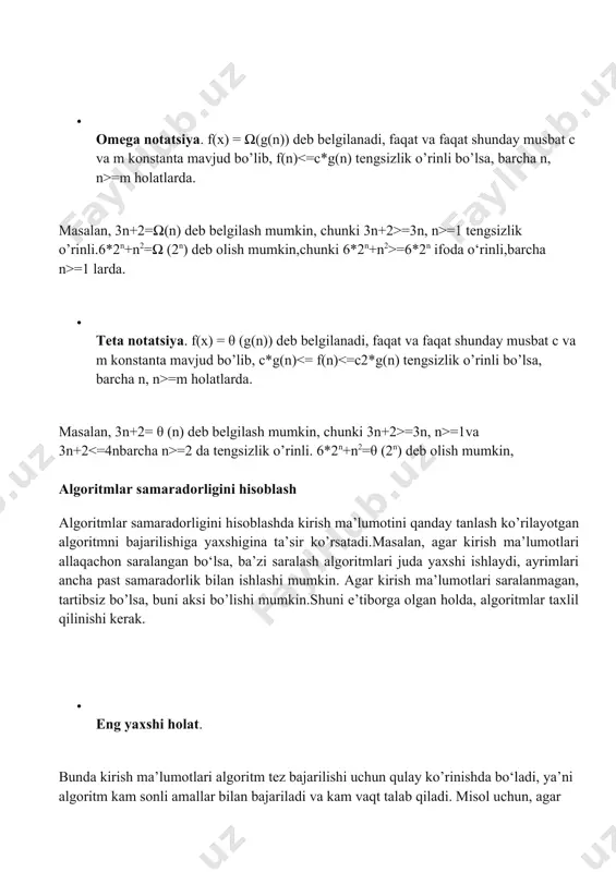 di va juda sekin bajariladi. eng og’ir holat tahlilda muxim hisoblanadi, chunki bu algoritm bajarilishi uchun ketishi mumkin bo’lgan maksimal vaqtni tasavvur qilishimizga sabab bo‘ladi. misol uchun, qidirilayotgan element tuzilmaning oxirgi elementi bo’lsa, uni toppish uchun barcha solishtirishlar amalga oshiriladi. · o’rtacha holat. bunda algoritmning o’rtacha ishlash imkoniyatini beruvchi kirish ma’lumotlari to’plami olib qaraladi. ma’lumotlar tuzilmalari ustida quyidagi amallarni bajarish mumkin: 1. ko’rikdan o’tkazish (traversing) - tuzilma elementlariga 1 martadan murojaat qilish amali. 2. kiritish – tuzilmaga yangi element kiritish amali. 3. o’chirish – tuzlmadan bironta elementni o’chirish amali. bunda element shunday o’chirilishi kerakki, qolgan elementlar stabil holatda bo’lishi kerak, ya’ni ayrim tuzilmalarda nosozlik sezilishi kerak emas. 4. qidirish – tuzilmadan bironta elementni joylashgan o’rnini aniqlash amali. 5. saralash – elementlarni ma’lum bir tartibda joylashtirish amali. 6. birlashtirish (merging) – ikkita tuzilmani birlashtirish amali. algoritm.bironta masalani echish uchun mo’ljallangan amallarning ma’lum ketma-ketligi hisoblanadi.algoritmlar quyidagi tamoyillarga asoslanishi kerak: 1. kiritish – …