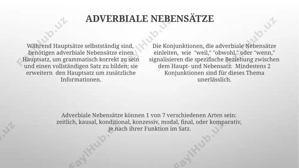 e.“) gibt es auch konditionalsätze mit irrealen bedingungen (z.b. „wenn ich reich wäre, würde ich um die welt reisen.“) in drei verschiedenen zeitstufen. kausalsätze mindestens zwei selbstständige satzteile (hauptsätze) sind für einen satz mit kausalsatz als nebensatz notwendig; der kausalsatz erklärt den grund für den hauptsatz. kausalsätze können durch konjunktionen wie „weil“, „da“, und „denn“ eingeleitet werden, wobei „weil“ den nebensatz häufig an position 2 stellt, im gegensatz zu „da“ und „denn“. die semantische funktion von kausalsätzen besteht in der angabe eines grundes oder einer ursache; sie bilden mit hauptsätzen komplexere satzstrukturen aus mindestens zwei gliedsätzen. konjunktionale nebensätze neben- und hauptsätze in komplexen sätzen mit konjunktionalen nebensätzen weisen unterschiedliche satzfunktionen auf (z.b. kausal, konsekutiv, temporal); die genaue anzahl der nebensätze variiert je nach satzkomplexität. konjunktionale nebensätze werden durch subordinierende konjunktionen wie „weil“, „dass“, „obwohl“ eingeleitet und stehen in einem syntaktischen abhängigkeitsverhältnis zum hauptsatz; sie können 1-3 oder mehr nebensätze enthalten. …