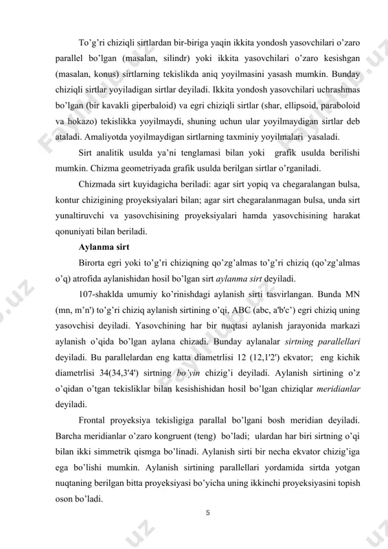 a aylantirilsa, yopiq tor hosil bo’ladi (112-shakl, a, b). v) agar aylantirish o’qi aylana tekislikda yotgan lekin undan tashqarida joylashgan bo’lsa, u holda ochik tor yoki halqa hosil bo’ladi (113-shakl, a, b). ixtiyoriy to’g’ri chiziq tor sirtini to’rta nuqtada kesib o’tishi mumkin, shu sababli tor to’rtinchi tartibli aylanish sirtidir. demak, aylanani qo’zgalmas o’q atrofida aylantirilsa, ikkinchi tartibli (sfera) va to’rtinchi tartibli (tor, halqa) sirtlar hosil bo’lar ekan. pirovardida ikkinchi tartibli egri chiziqlar: ellips, parabola va giperbolani o’z o’qlari atrofida aylantirganda hosil bo’ladigan sirtlarni ko’ramiz: a) ellipsni o’z o’qi atrofida aylanishidan aylanish ellipsoidi hosil bo’ladi (114-shakl, a, b). b) parabolani o’z o’qi atrofida aylanishidan, aylanish paraboloidi hosil bo’ladi (115-shakl, a, b). v) giperbolani o’z haqiqiy o’q atrofida aylanishidan ikki pallali giperboloid hosil bo’ladi (116-shakl, a, b). yuqorida bir pallali giperboloidni ikki uchrashmas tugri chiziklaridan birini ikkinchisi atrofida aylantirishda hosil bo’lishini ko’rgan edik (110-shakl, a, b). bir pallali giperboloidni giperbolani o’z mavhum …