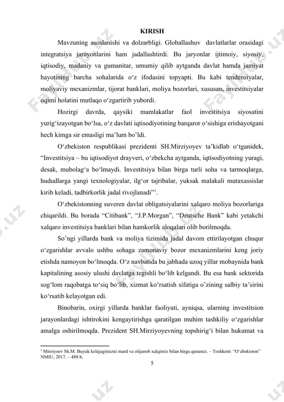 , ularning moliyaviy barqarorligi hamda ishonchliligini mustahkamlash, istiqbolli investitsiya loyihalari va kichik biznes shuningdek xususiy tadbirkorlik subyektlarini kreditlashni kengaytirish mustahkamlab qoʻyilgan. yuqoridagi fikrlarni xalqaro va mahalliy ekspertlar ham tasdiqlaydi. tadqiqotchilarning takidlashlaricha, mamlakat iqtisodiyotni modernizatsiyalash sharoitida xoʻjalik yurtuvchi subyektlarining asosiy kapitalini yangilash va texnologik jihatdan yuqori bosqichga koʻtarishni investitsiyalarsiz tasavvur qilib boʻlmaydi. shu sababdan ham, xoʻjalik yurituvchi subyektlari moliyaviy oqimlarni diversifikatsiya qilish, xoʻjalik tuzilmalarini takomillashtirishga qaratilgan investitsion faoliyatni rivojlantirish zaruratga aylanib boryapti. masalan, j. keyns “investitsiyalash deganda biror shaxs yoki korporatsiya tomonidan qandaydir eski yoki yangi mulkni xarid qilish tushuniladi. baʼzida bu atama fond birjasida qimmatli qogʻozni xarid qilish bilan ham chegaralanishi mumkin. umuman olganda, yangi investitsiyalar qayta investitsiyalashdan farqli oʻlaroq, istalgan turdagi kapital mulkni daromad hisobidan xarid qilishni anglatadi” deya taʼkidlab oʻtgan[footnoteref:2]. [2: g‘ozibekov d.g‘., nosirov e.i. o‘zbekiston iqtisodiyotiga xorijiy investitsiyalarni jalb qilish. risola. - t.: «iqtisod-moliya», 2007. - 96 b.] mazkur qamrovda esa tijorat banklari katta oʻrin tutadi desak …