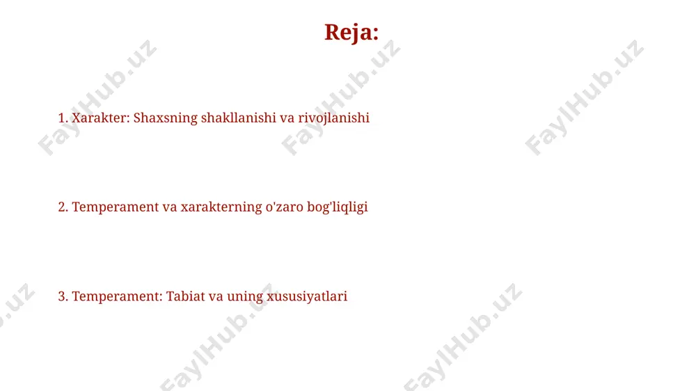 ingiz va atrofingizdagi odamlarning temperament va xarakterini tushunish, 5 dan ortiq muloqot usullarini samarali qo'llash va 80% ga yaqin konfliktlarni oldini olishga imkon beradi. psixologik testlar yordamida temperament va xarakterni aniqlash, psixologik salomatlikni baholash va 10 ta turli yondashuvlarni qo'llab, individual terapiya usullarini shaxsiylashtirishga yordam beradi. temperament turlari temperament irsiy omillarga bog'liq bo'lsa-da, atrof-muhit ta'siri ham uning shakllanishida muhim rol o'ynaydi, taxminan 50% genetik, 50% esa atrof-muhit omillariga bog'liq. temperament turlarini aniqlash uchun 4 ta asosiy xususiyat (hissiylik, faollik, ijtimoiylik va diqqatlilik) hisobga olinadi va har birining 2 dan 3 gacha darajasi mavjud. temperament va xarakterning o'zaro bog'liqligi xarakterning shakllanishiga ta'sir qiluvchi omillar orasida 70% atrof-muhit, 30% esa genetik moyillik hisoblanadi, bu esa temperamentning xarakterga kuchli, lekin mutlaq emas, ta'sirini ko'rsatadi. temperament insonning reaktsiyalarini belgilaydi (masalan, tez yoki sekin), xarakter esa bu reaktsiyalarga munosabatni, qanday harakat qilishini belgilaydi, ya'ni axloqiy me'yorlar va shaxsiy qarashlarni aks ettiradi. e'tiboringiz uchun rahmat @taqdimot_robot …