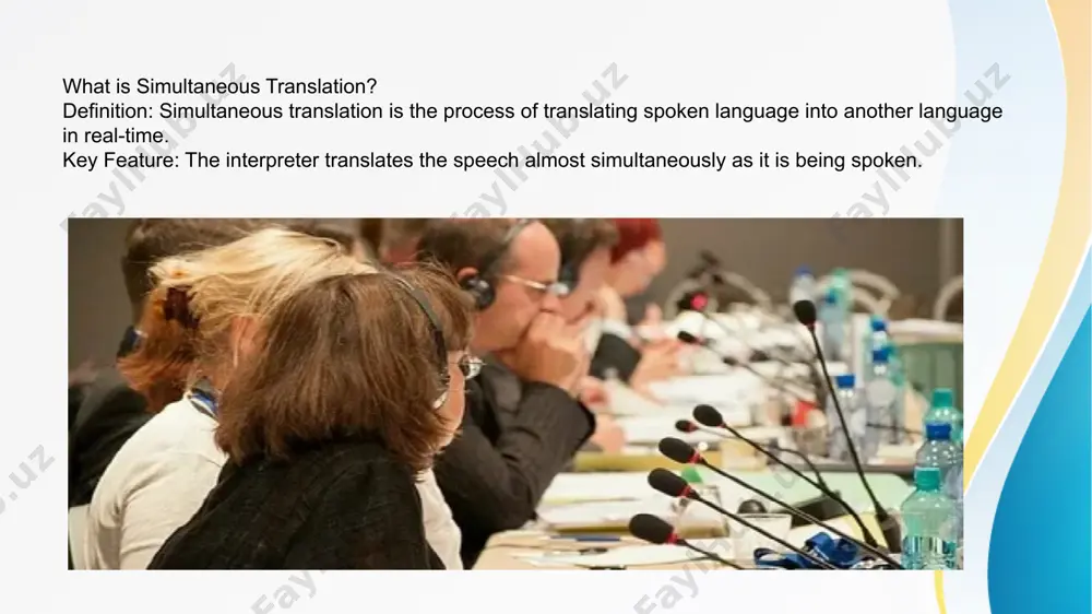 pers his/her translation to them. this type of translation is often used in a business meeting. the simultaneous interpreter can get the source text in written form, which does not make his/her job easier, since the interpreter has to do simultaneously three jobs: read, listen and interpret. it is a most strenuous task, for the interpreter has to be watchful of the speaker deviating from the text. advantages of simultaneous translation. there are the following advantages in contrast to the consistent translation method of simultaneous translation: - the speech of the speaker is carried out without interruptions. this allows the speaker to hold the audience's attention while being able to sense the reaction and mood of the tinglivists. - the time of holding the event is almost twice as short as when using a consistent translation. -the convenience side for participants is that learning a foreign language is not uncommon …