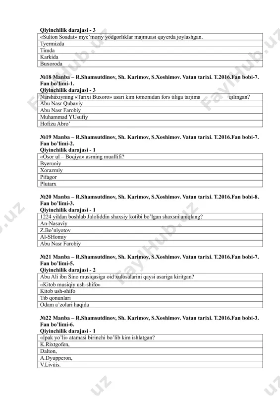 ov. vatan tarixi. t.2016.fan bobi-7. fan bo’limi-1. qiyinchilik darajasi - 2 abduqosim firdavsiyning «shohnoma» asari qachon va tili tomonidan o’zbyek tiliga tarjima qilingan? 1984 yilda shoislom shomuhammyedov tomonidan. 1979 yilda shomaxmud shoikromov tomonidan 1990 yilda a.mansur tomonidan 1983 yilda m. shayxzoda tomonidan №26 manba – r.shamsutdinov, sh. karimov, s.xoshimov. vatan tarixi. t.2016.fan bobi-6. fan bo’limi-5. qiyinchilik darajasi - 3 g’aznaviylar davlati tarixi bo’yicha asosiy manba? utbiyning «tarixiy al-yamaniy» asari narshaxiyning «buxoro tarixi» asari «boburnoma» asari «sharafnomai-shohi» asari №27 manba – r.shamsutdinov, sh. karimov, s.xoshimov. vatan tarixi. t.2016.fan bobi-10. fan bo’limi-5. qiyinchilik darajasi - 3 «zubdot ut tarix» asarining muallifi kim? hofizi abru a. samarqandiy xondamir mirxond №28 manba – r.shamsutdinov, sh. karimov, s.xoshimov. vatan tarixi. t.2016.fan bobi-1. fan bo’limi-3. qiyinchilik darajasi - 2 zamonbobo yodgorligi qayerda joylashgan? a)buxoro viloyatining qorako’l tumanida. surxondaryo viloyatining sherobod tumani surxondaryo viloyatining sho’rchi tumani buxoro viloyatining vobkent voobkent tumani №29 manba – r.shamsutdinov, sh. karimov, …